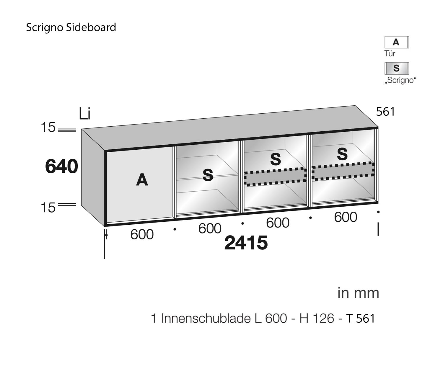 Livitalia Glas Design Sideboard Scrigno Maße Skizze Größe Größenangaben