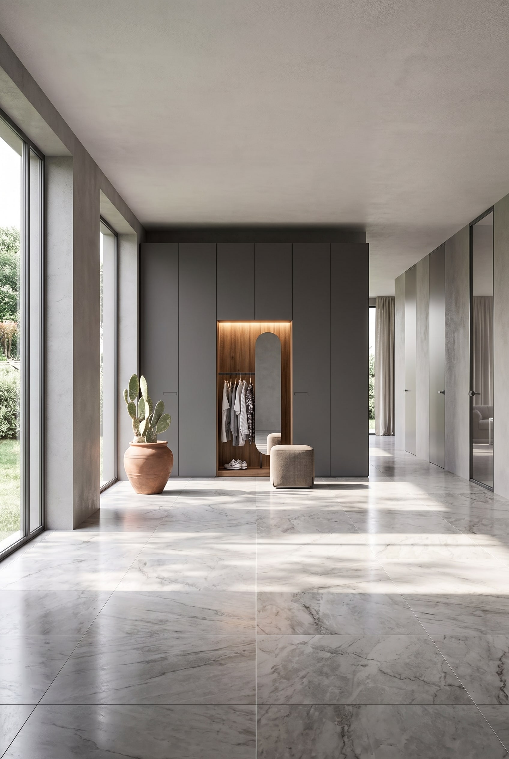 Floor-to-ceiling hallway cabinet in anthracite with a wood-paneled, open wardrobe niche, mirror, and an integrated upholstered stool