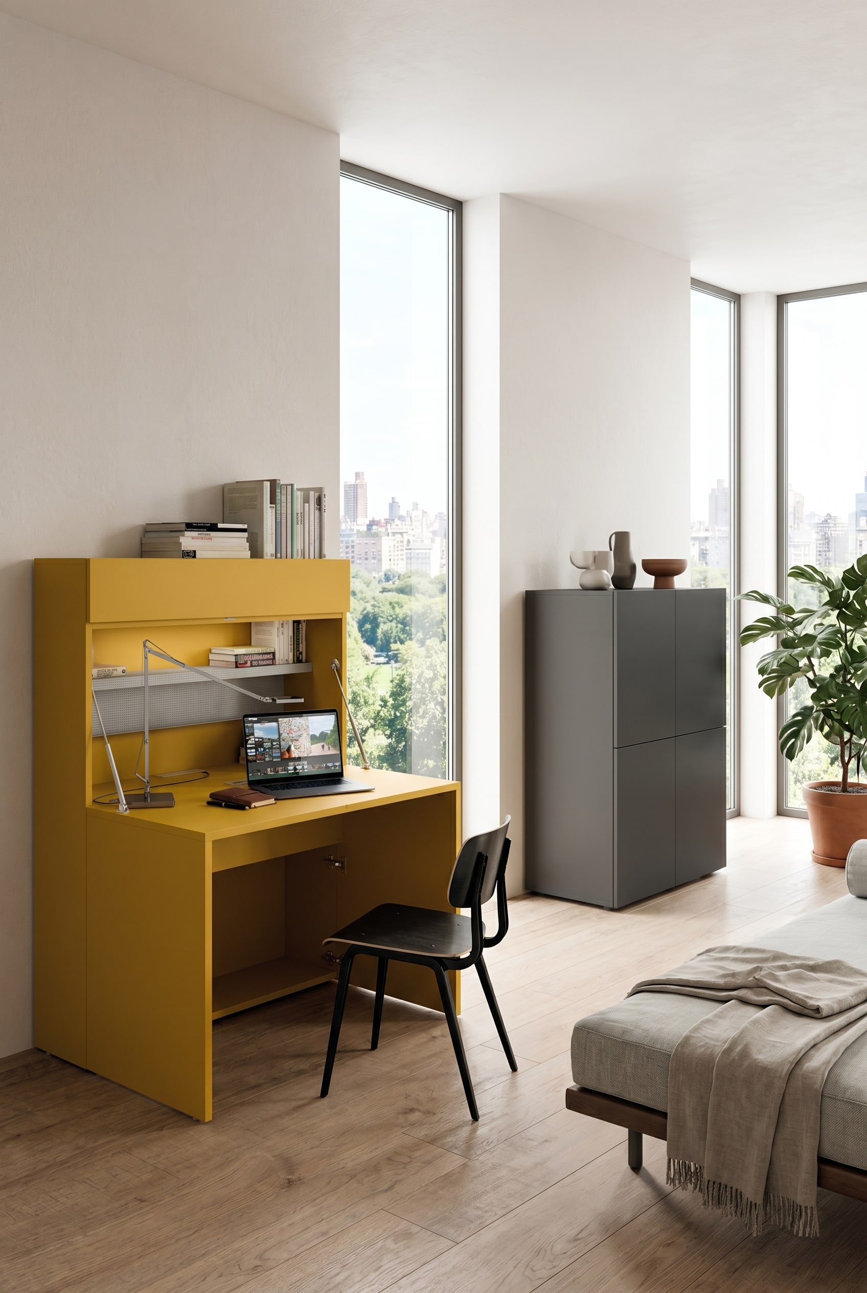Ein modernes graues Highboard, das im Inneren einen Schreibtisch und Ablageflächen verbirgt. Ein modernes graues Highboard, das im Inneren einen Schreibtisch und Ablageflächen verbirgt.