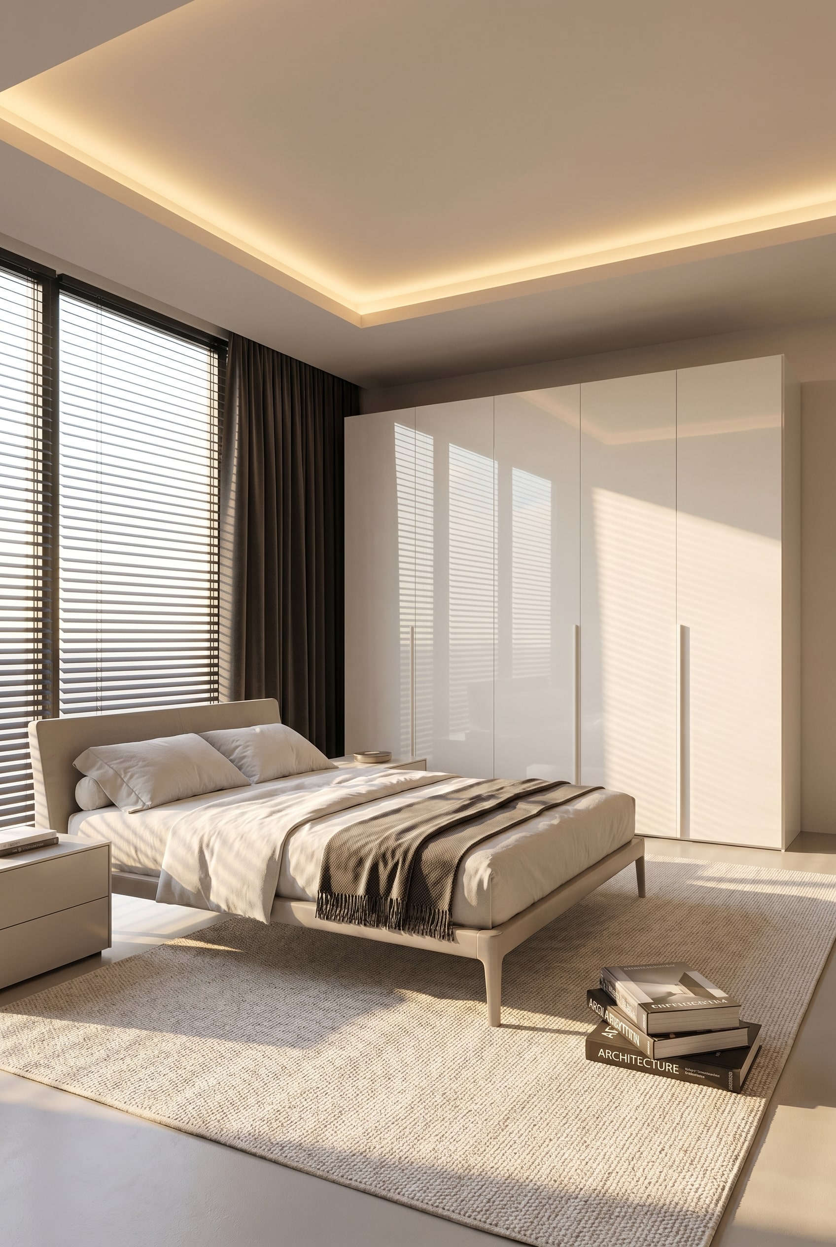 Lichtdurchflutetes Schlafzimmer mit hellem Kleiderschrank mit transparenten Glas-Fl&uuml;gelt&uuml;ren, Morgensonne und einem edlen Wollteppich