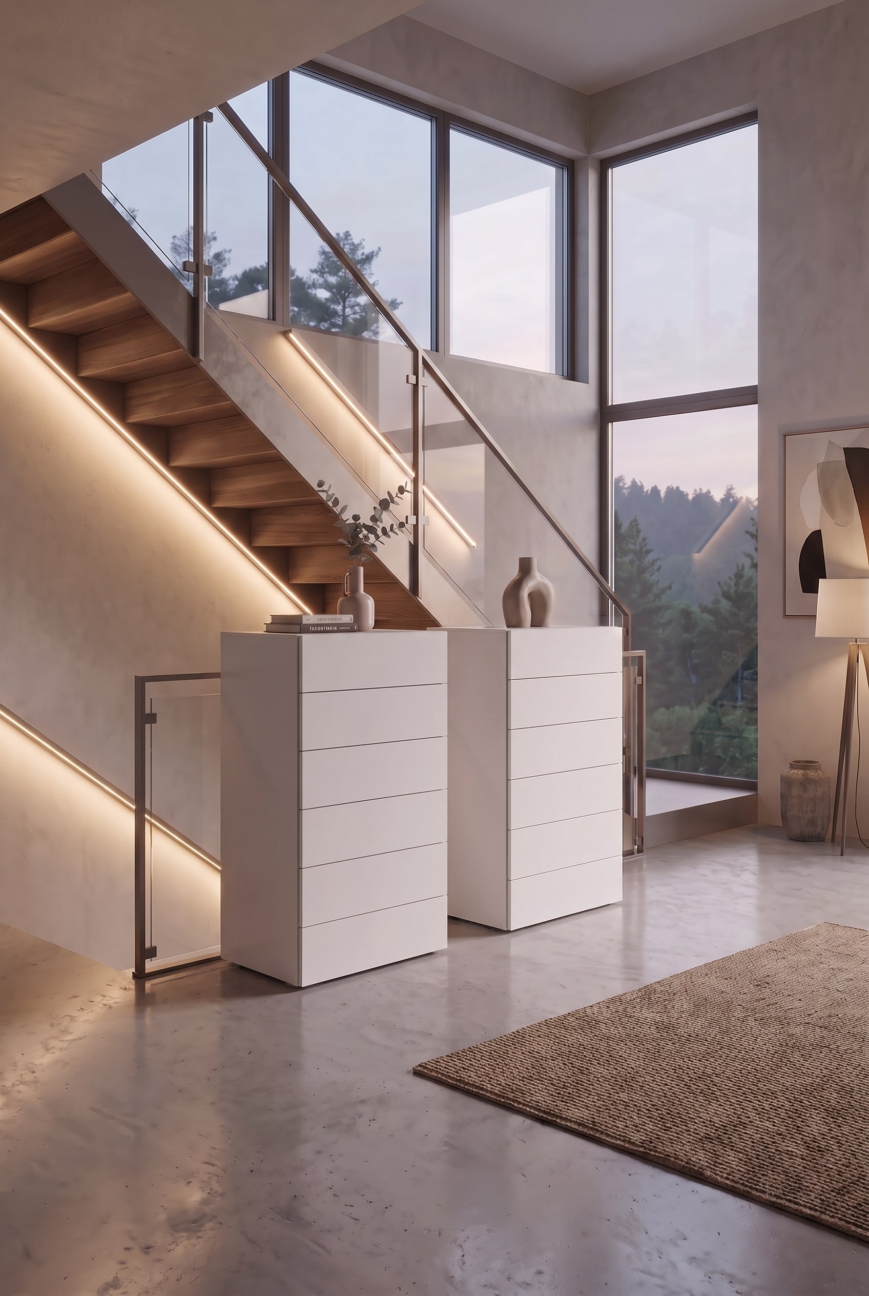 Two white tall chests of drawers under a modern wooden staircase with glass railing and indirect lighting.