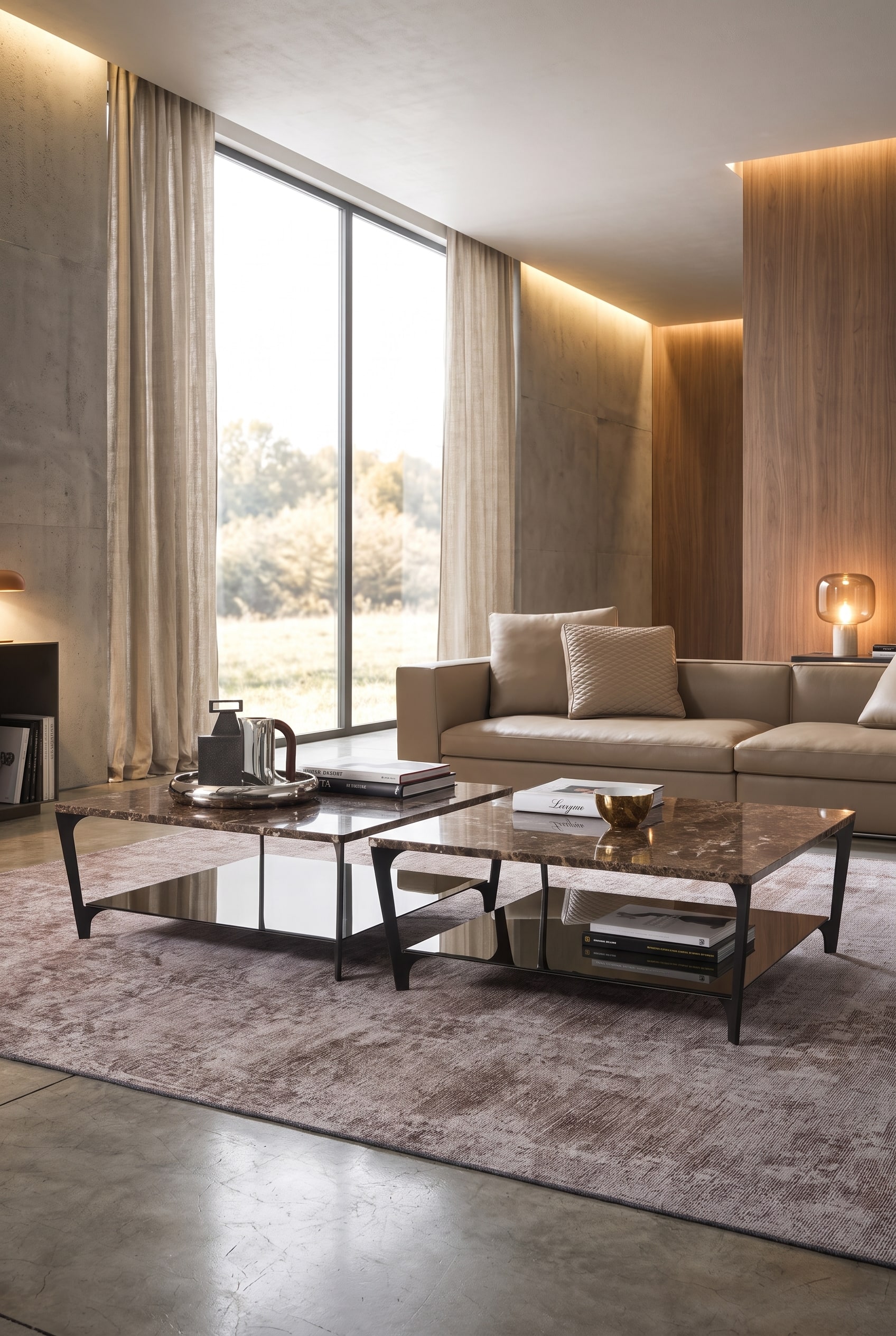 Square coffee table with two levels of ceramic and dark glass in front of a modern sofa