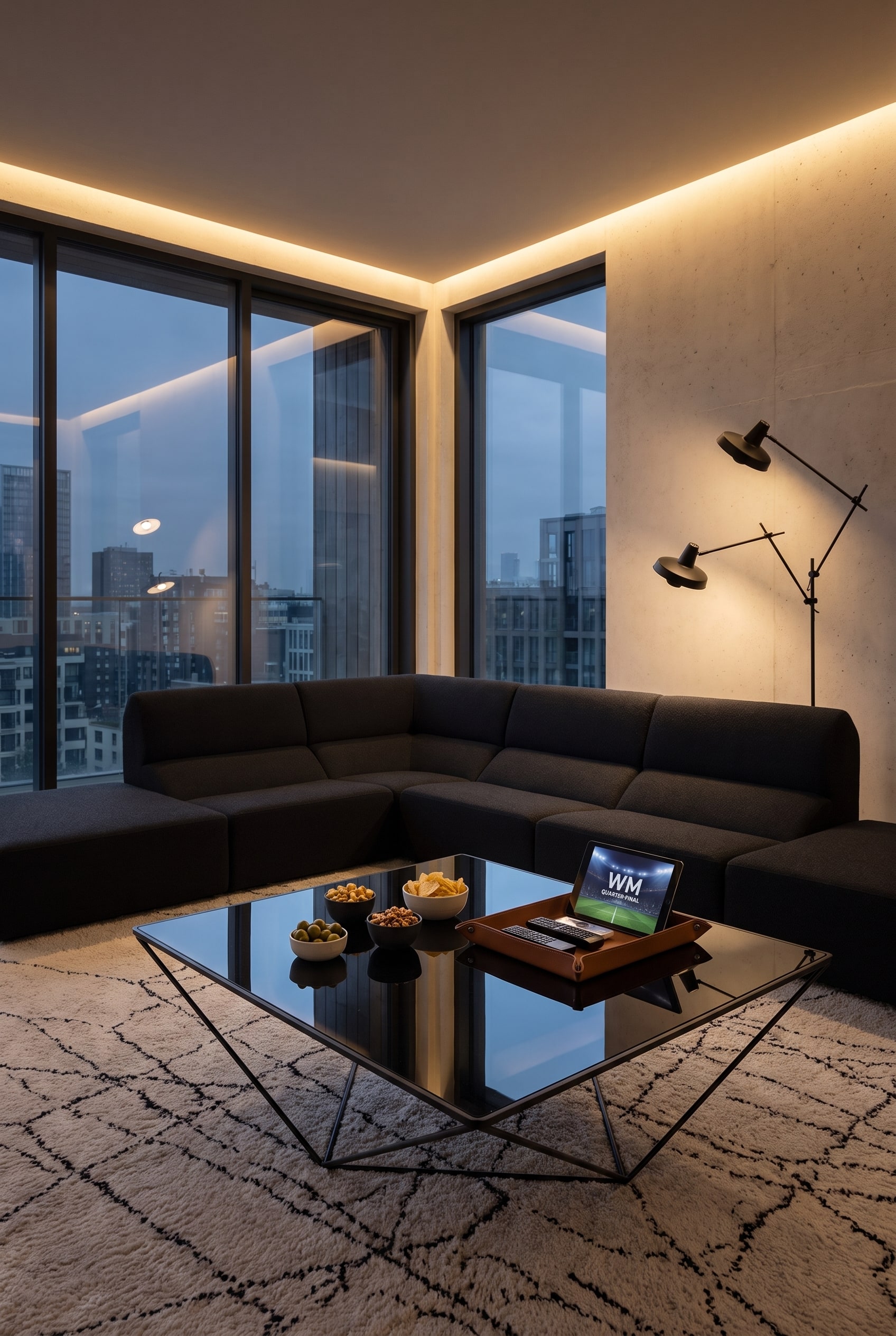 Modernes Wohnzimmer mit filigranem Prostoria Avet Couchtisch mit Glasplatte, Snacks in kleinen Schalen und hellem Ecksofa