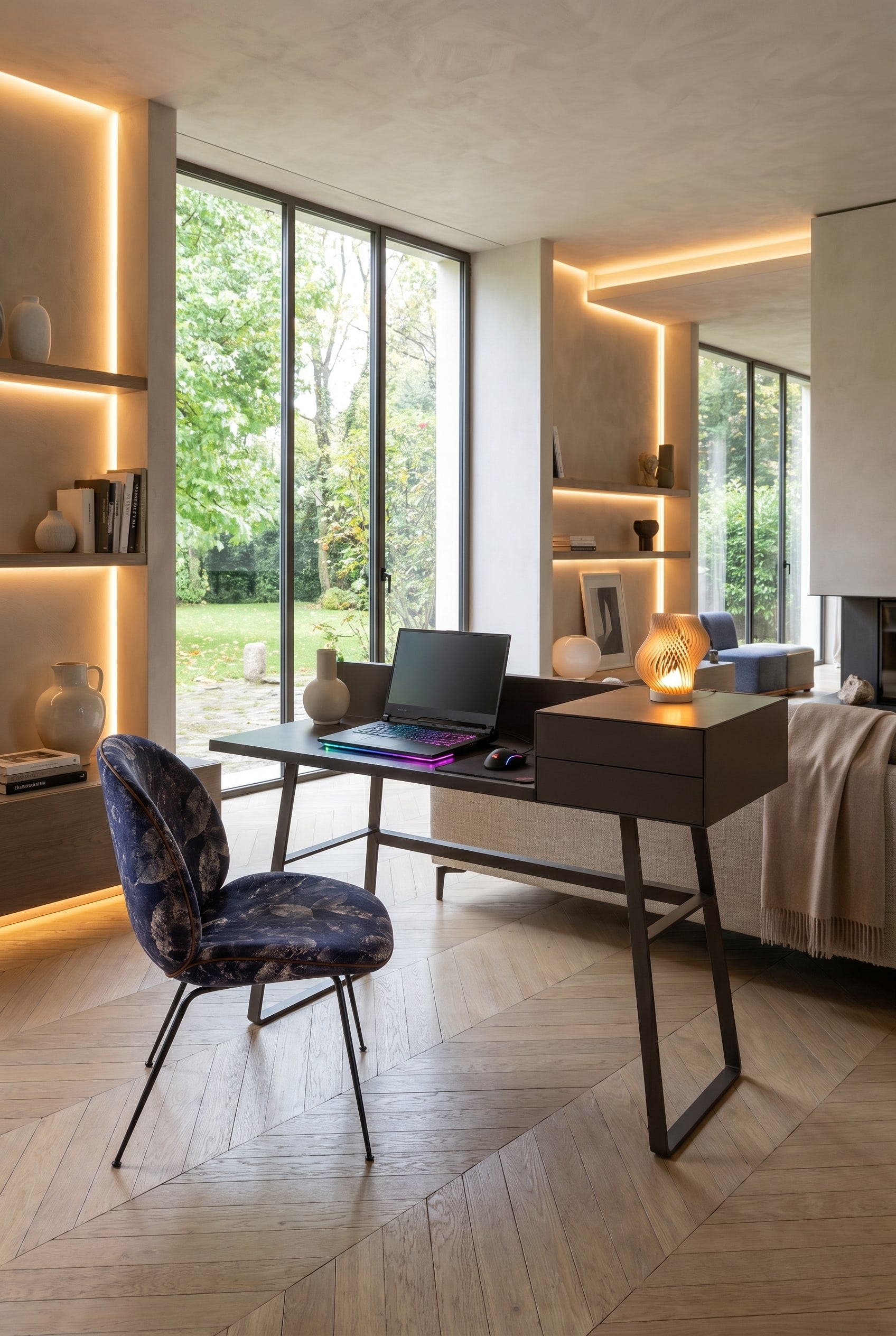 Modernes Wohnzimmer mit geschlossenem Design-Sekret&auml;r in dunkler Eiche und messingfarbener Stehlampe