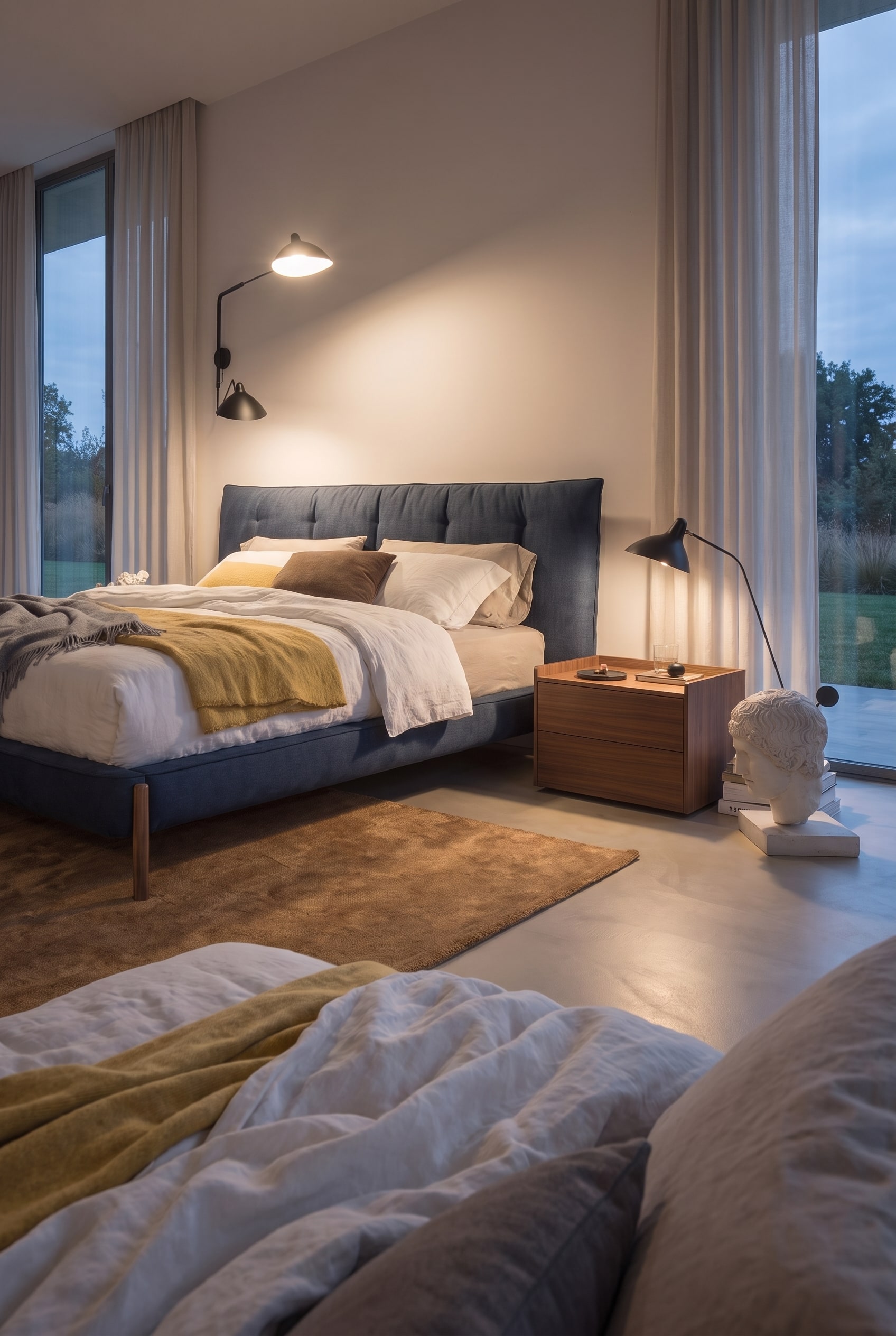 Nachttisch mit Designerlampe steht vollständig auf einem warmen Teppich neben einem dunkelblauen Polsterbett.