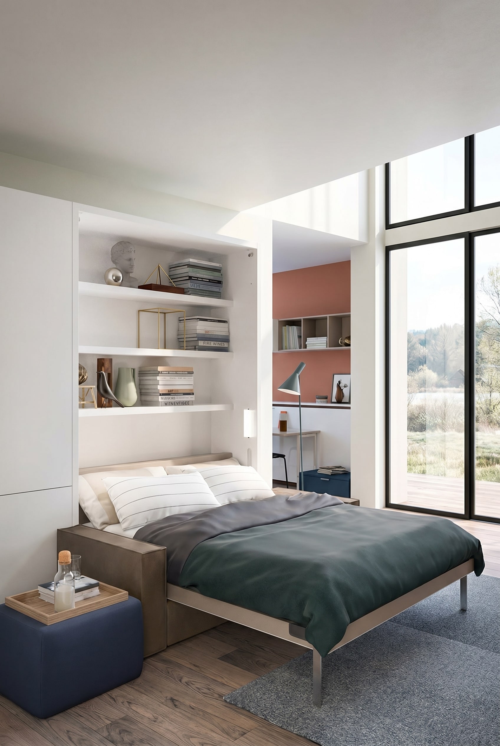 Modern room with a Clei Penelope 2 wall bed elegantly integrated into the white wardrobe wall.