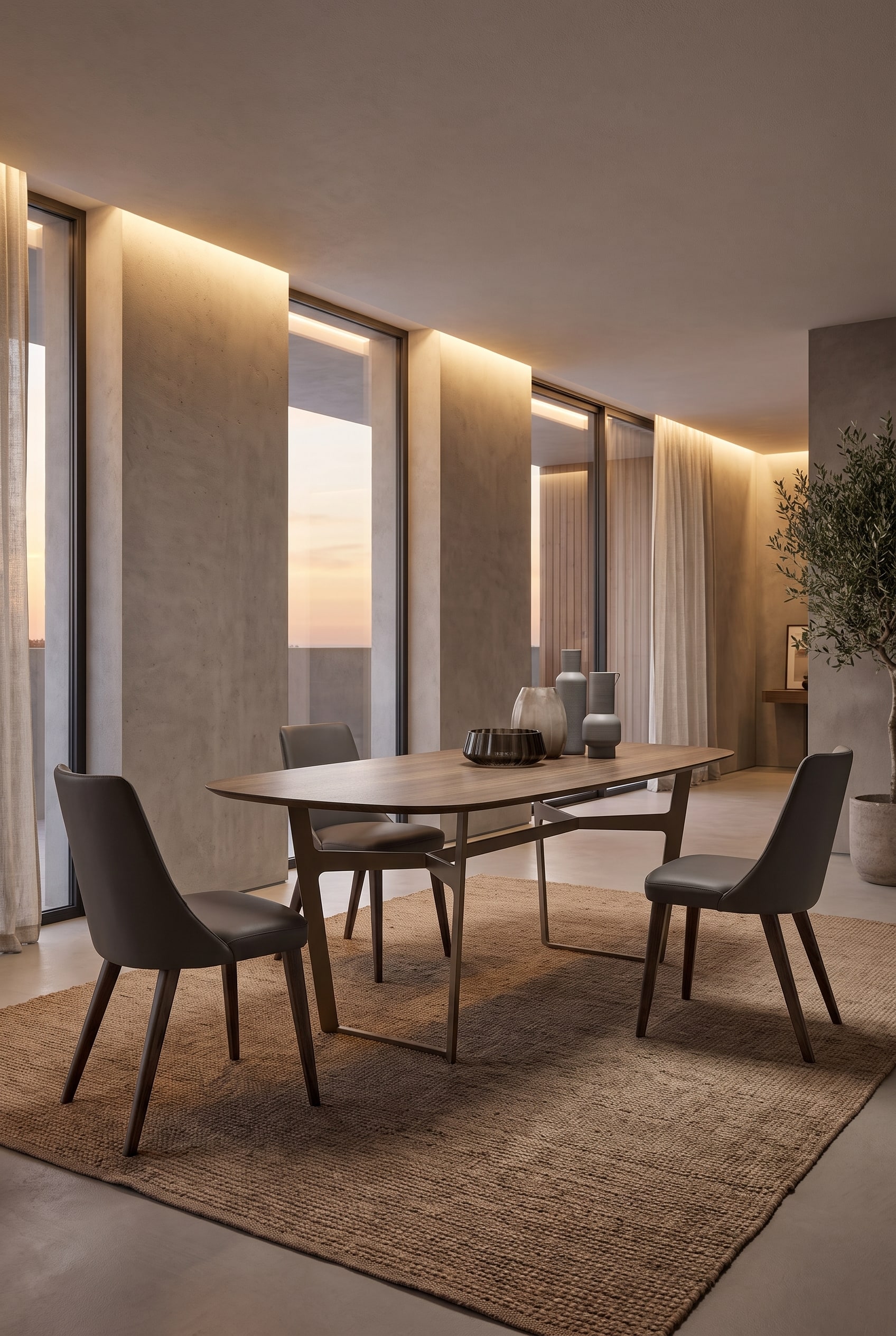 Minimalist dining room with rectangular wooden dining table, three grey ceramic vases and beige upholstered chairs