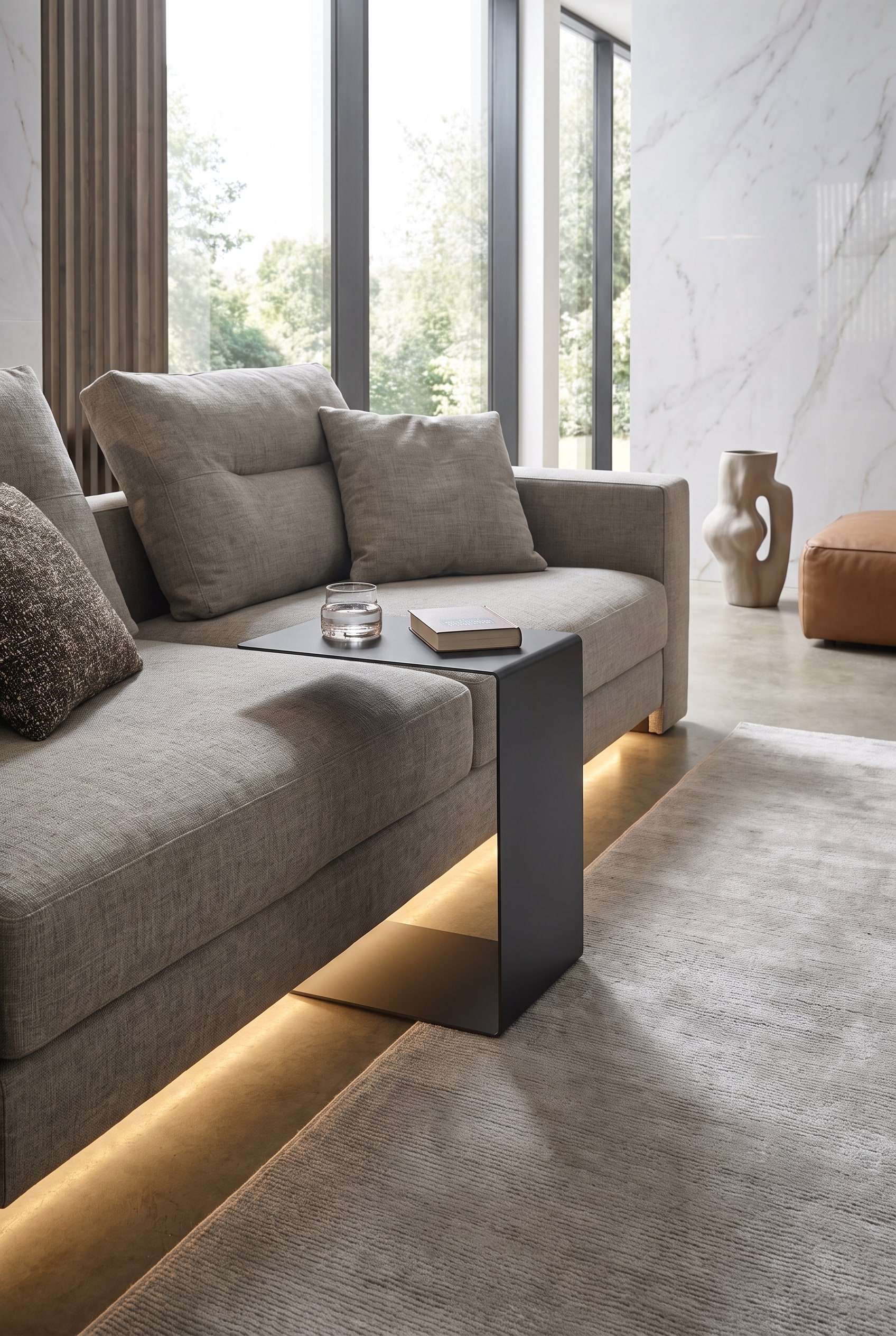 Close-up of a modern sofa with a delicate C-shaped side table made of matte black metal, extending over the upholstery.