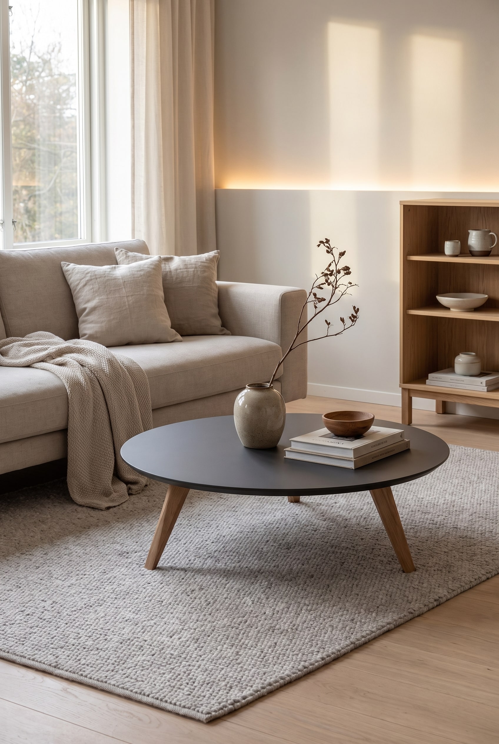 A delicate Scandinavian side table with slightly angled, warm wooden legs, standing in a light-filled, minimalist living room.