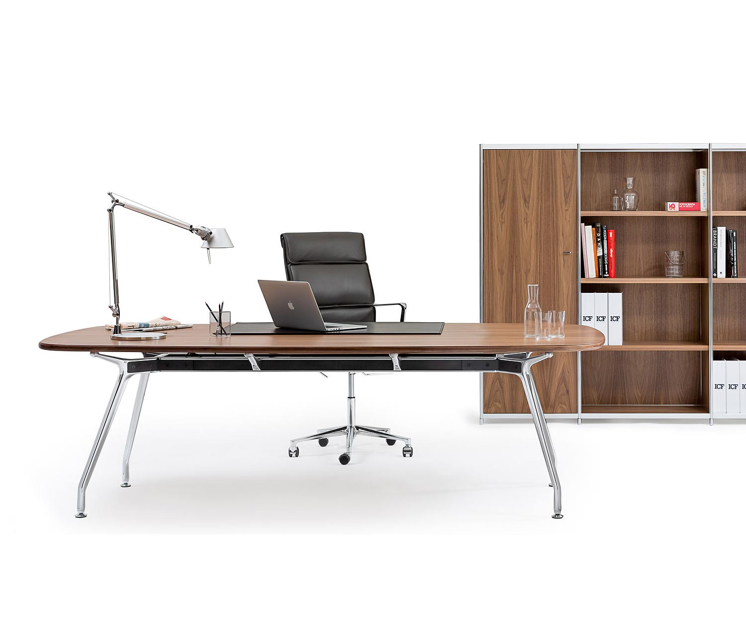 Exklusiver ICF Unitable Manager Aluminium Design Arbeitstisch Walnuss