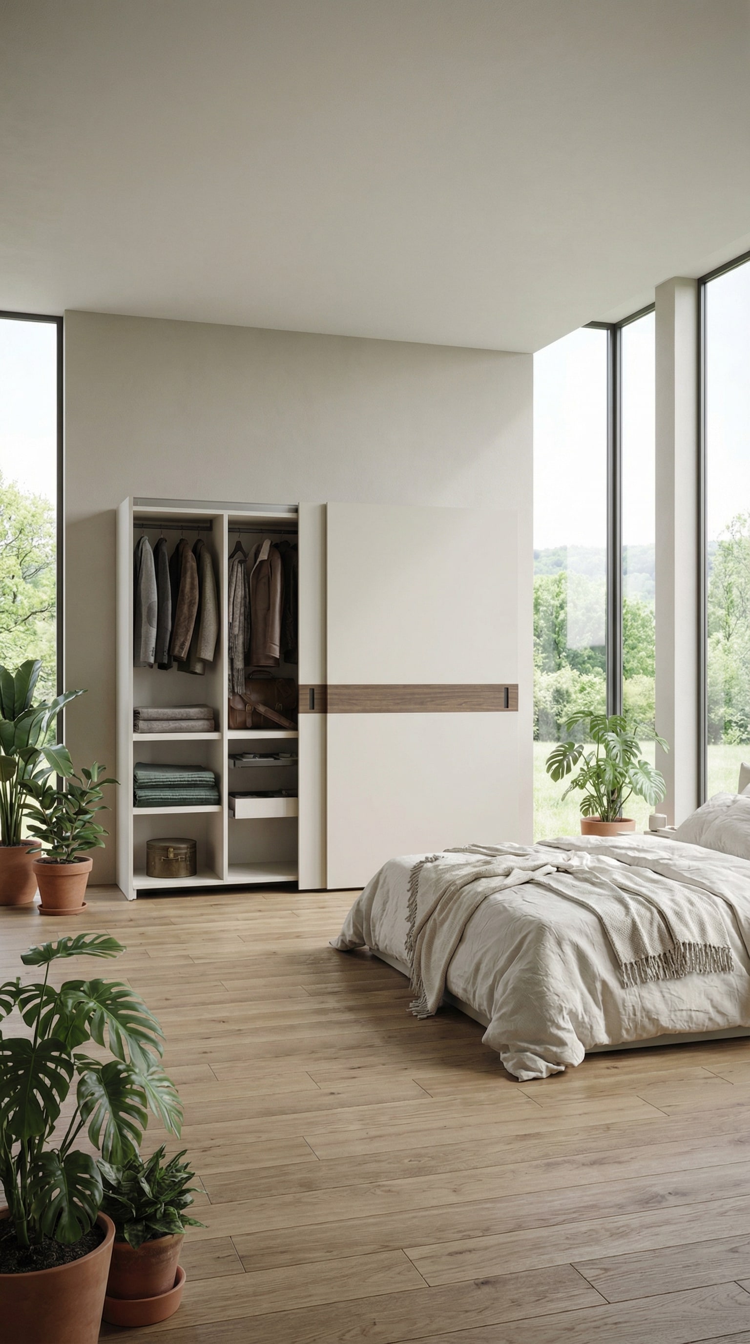 Schlafzimmer mit nat&uuml;rlichen Elementen und dem Novamobili Kleiderschrank Class Schiebet&uuml;ren, der eine breite horizontale Holzapplikation zeigt.
