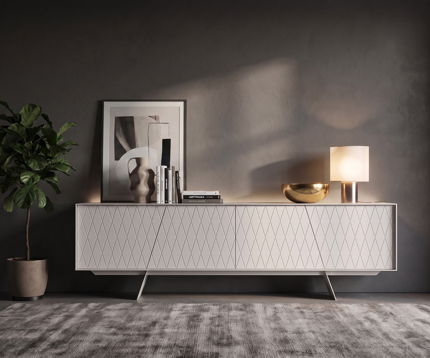 Modernes al2 e-klipse 003 Design Sideboard in Weiß al2 e-klipse 003 Sideboard mit Rautenmuster im modernen Wohnzimmer, weißes Design-Sideboard vor grauer Wand.