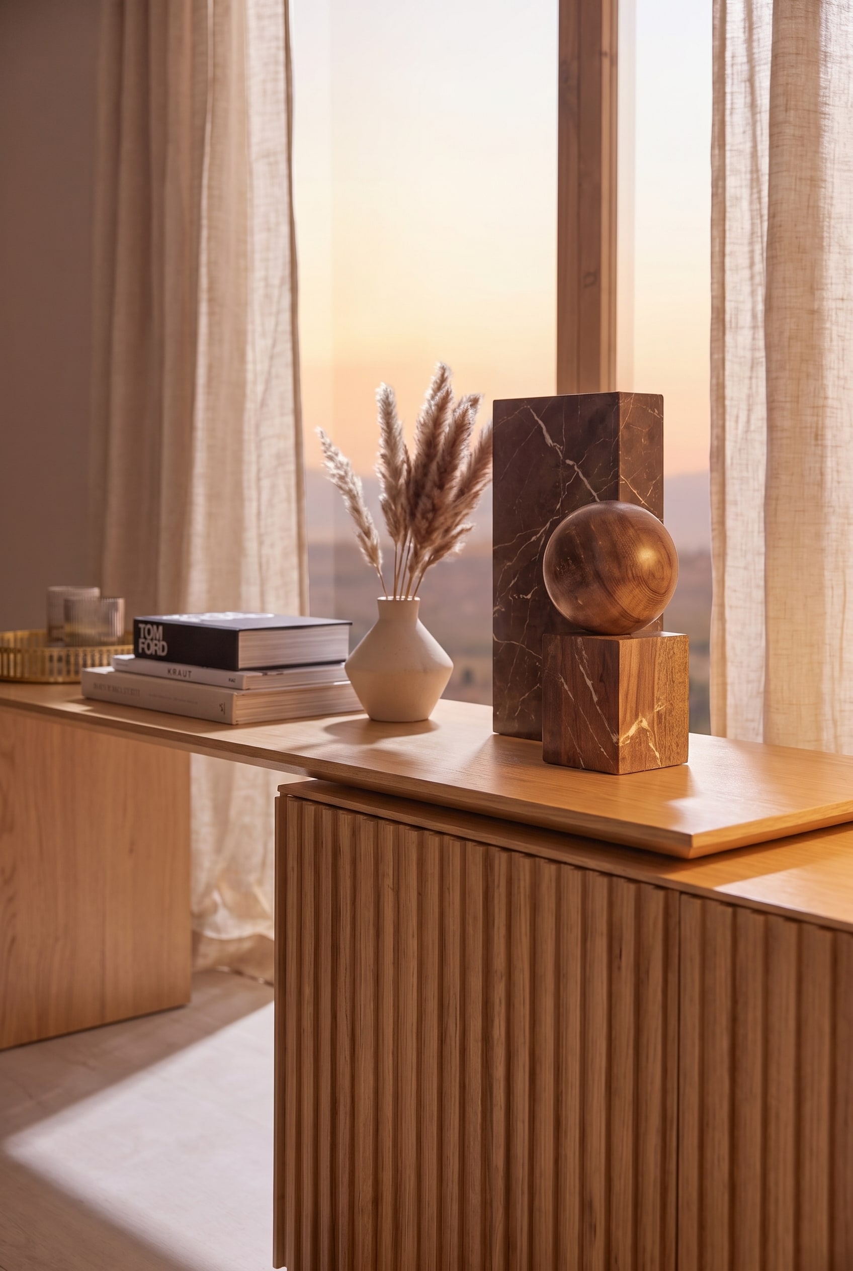 Macro shot of the fluted wood front of the sideboard with marble blocks, a wooden sphere, and a vase placed on it.
