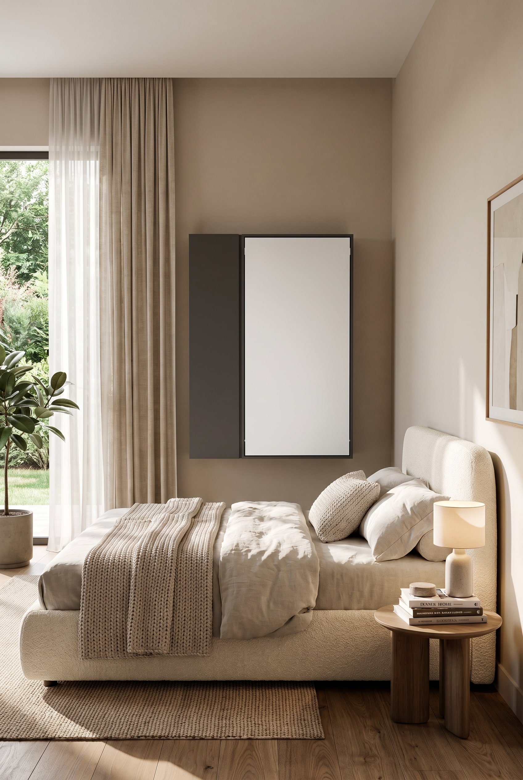 Ein elegantes, modernes G&auml;stezimmer mit weichem Polsterbett und einem geschlossenen, schmalen Wandklapptisch als platzsparendem Arbeitsbereich.