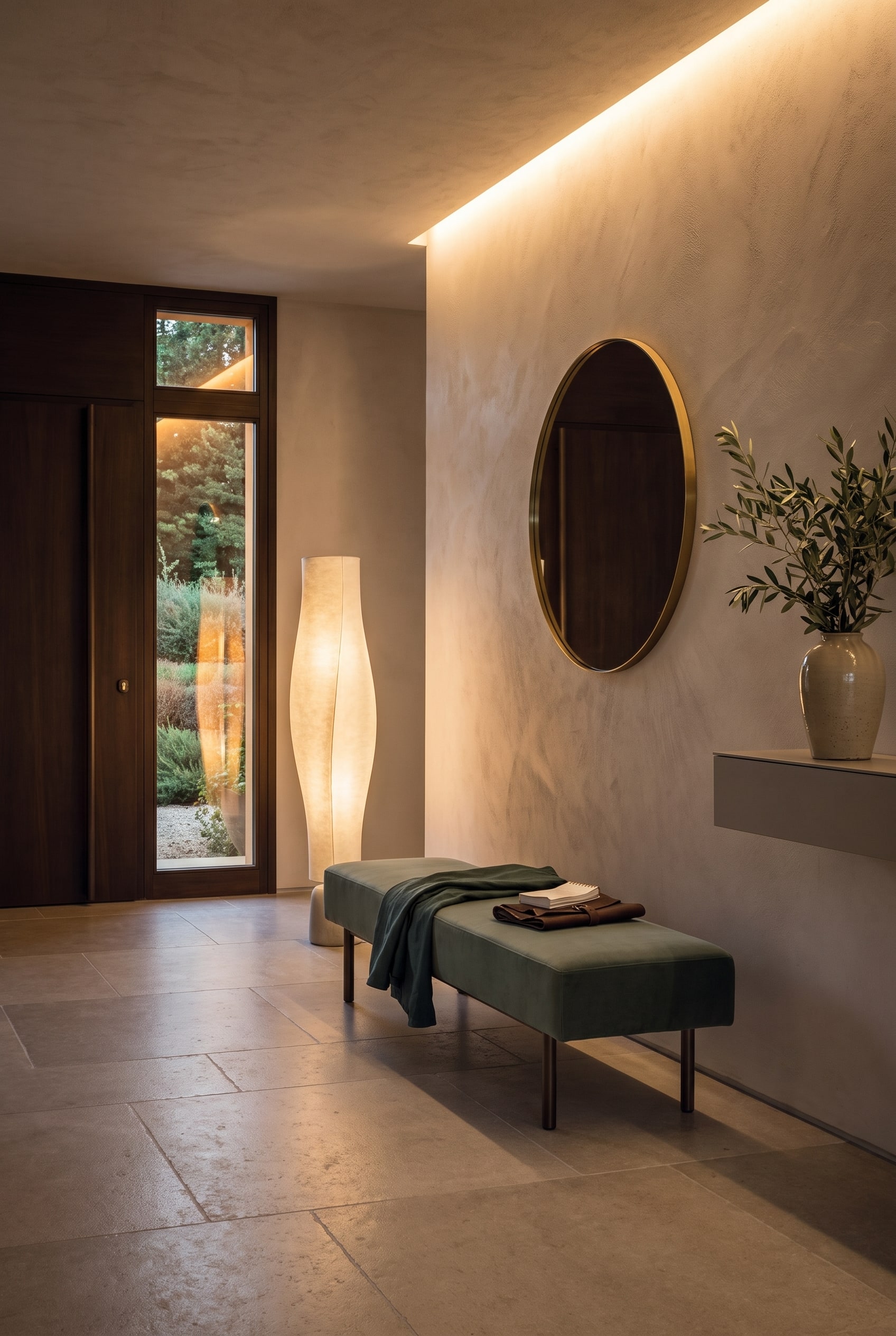 Inviting hallway with an upholstered bench, high-quality textiles, and large windows