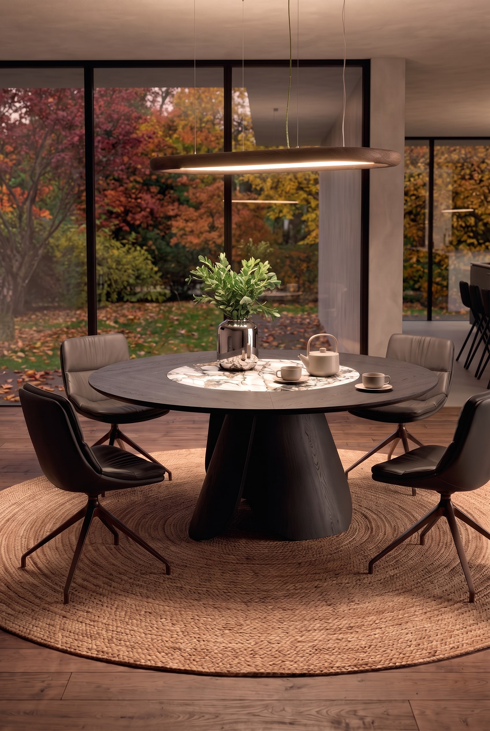 Round dining table made of dark wood with light marble, decorated with a chrome vase and a green branch in front of a garden window.