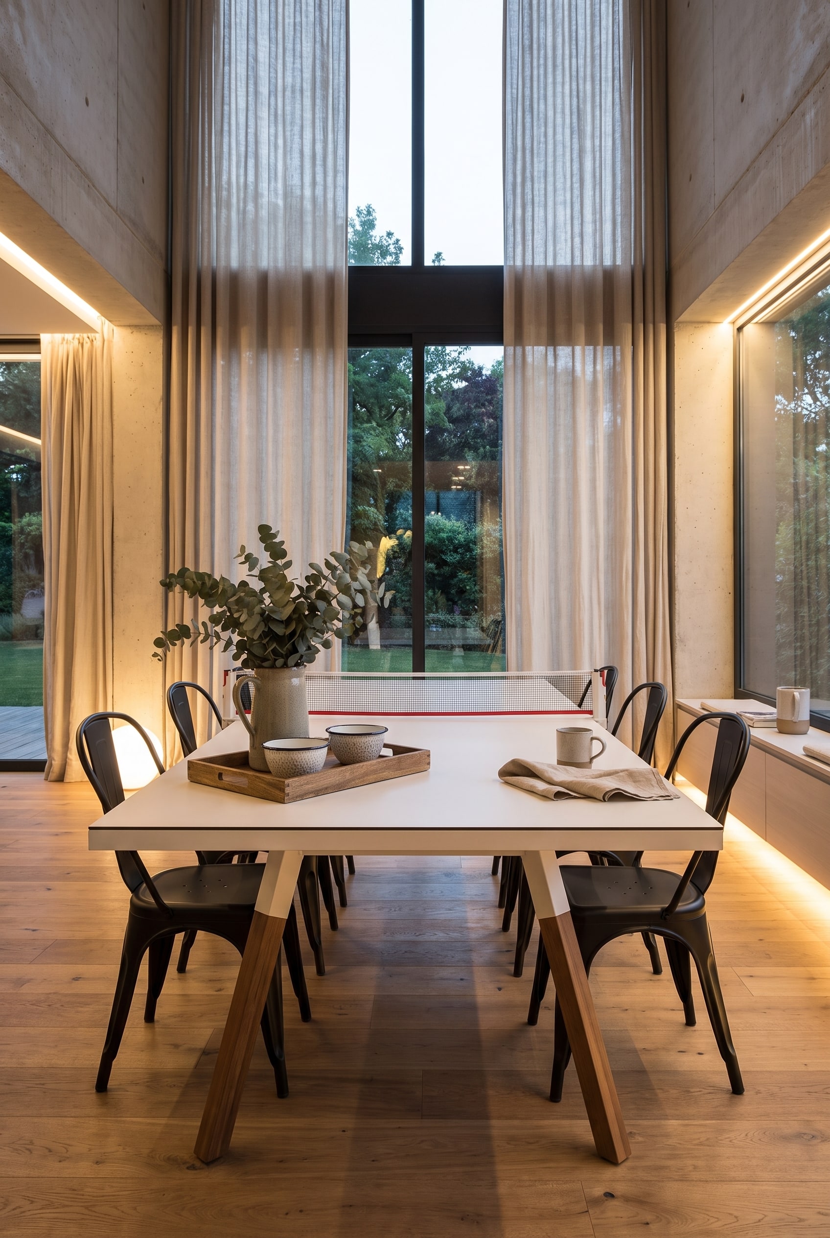 Bright dining room with white multi-functional table, wooden tray with enamel bowls and black metal chairs