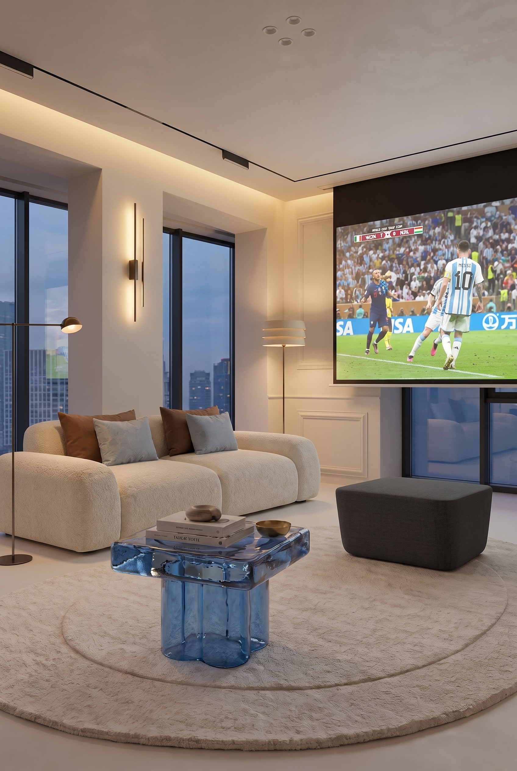 Ein stilvolles Wohnzimmer-Setup mit flexiblen Poufs und einem transparenten, quadratischen Glastisch, perfekt für einen gemütlichen Heimkino-Abend.