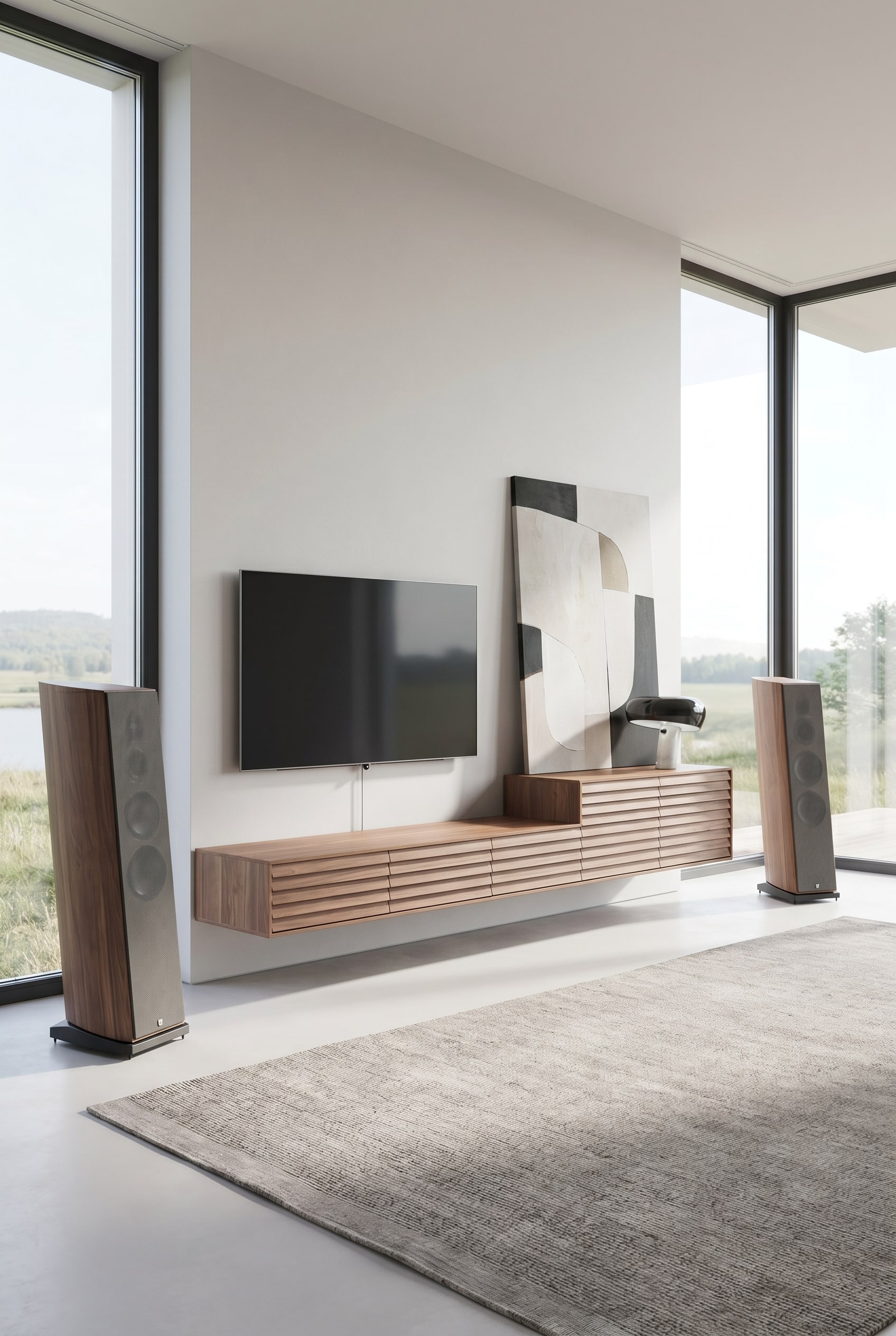 Stylish TV wall with asymmetrical walnut sideboard with slatted front and slightly angled speakers