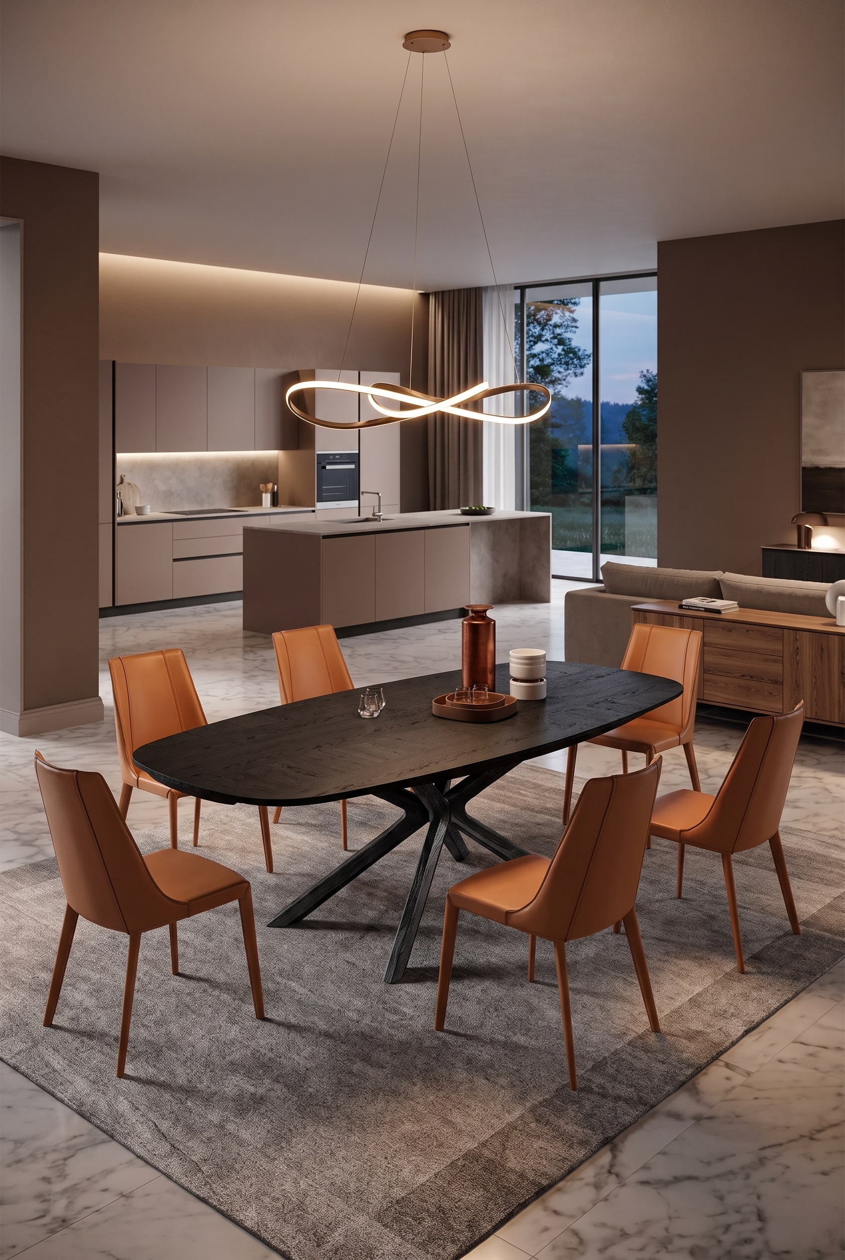 Spacious dining room with Ozzio Dining Table Arizona Fisso, wooden top and striking frame in front of a Macchiato wall