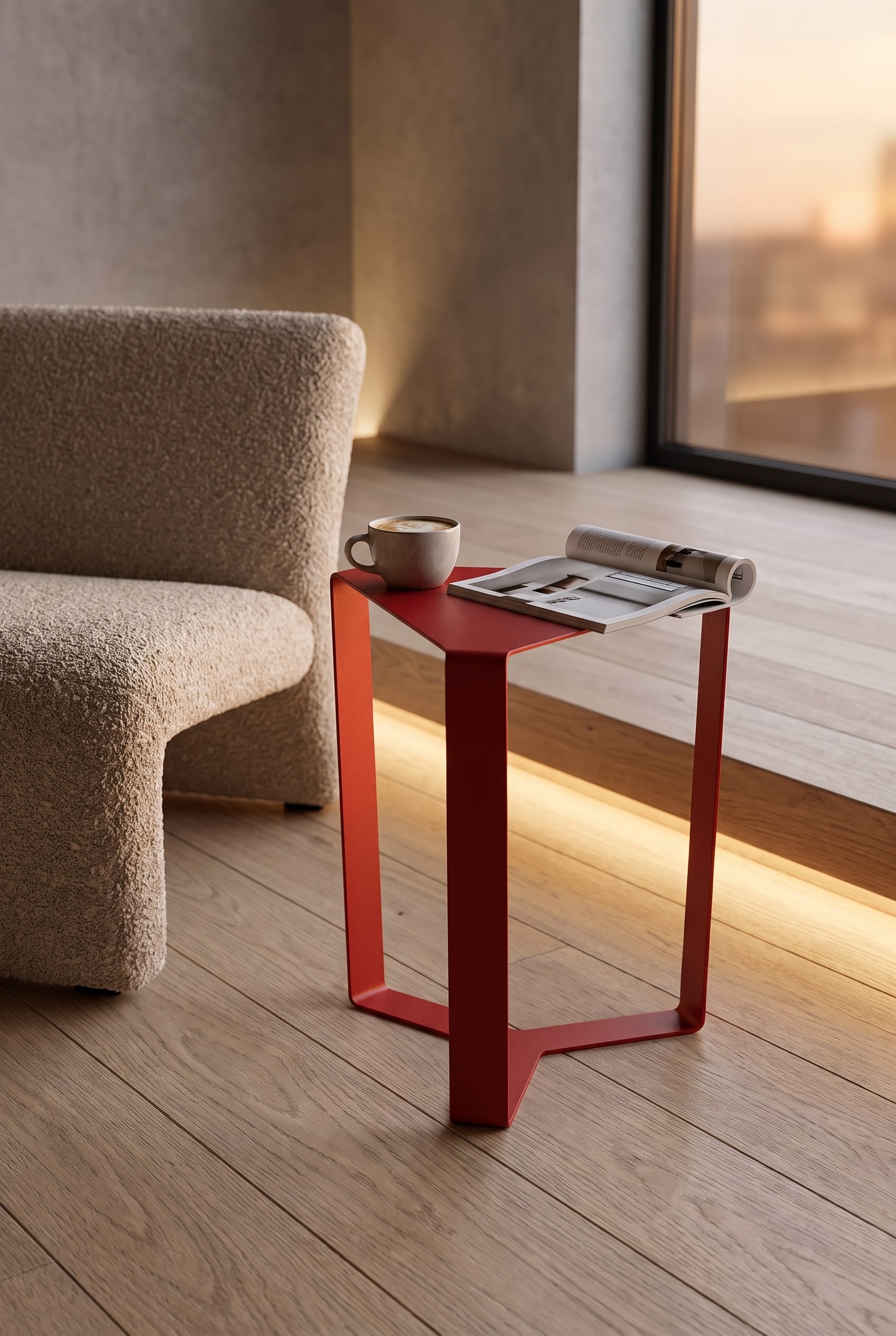 Purist living room with a side table made of extremely thin, dark grey folded steel sheet, placed on a light oak floor next to an armchair.