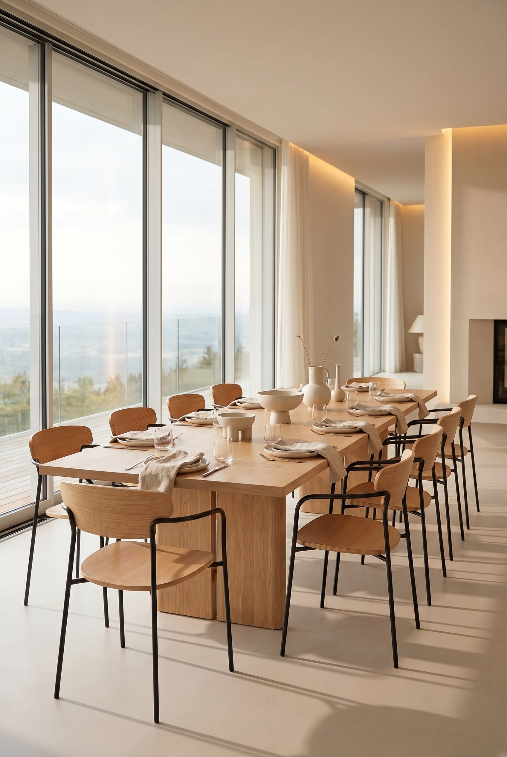 Minimalistischer Holzstuhl mit schwarzem Metallgestell und Eichenholz-R&uuml;ckenlehne an einem hellen Esstisch im Sonnenlicht