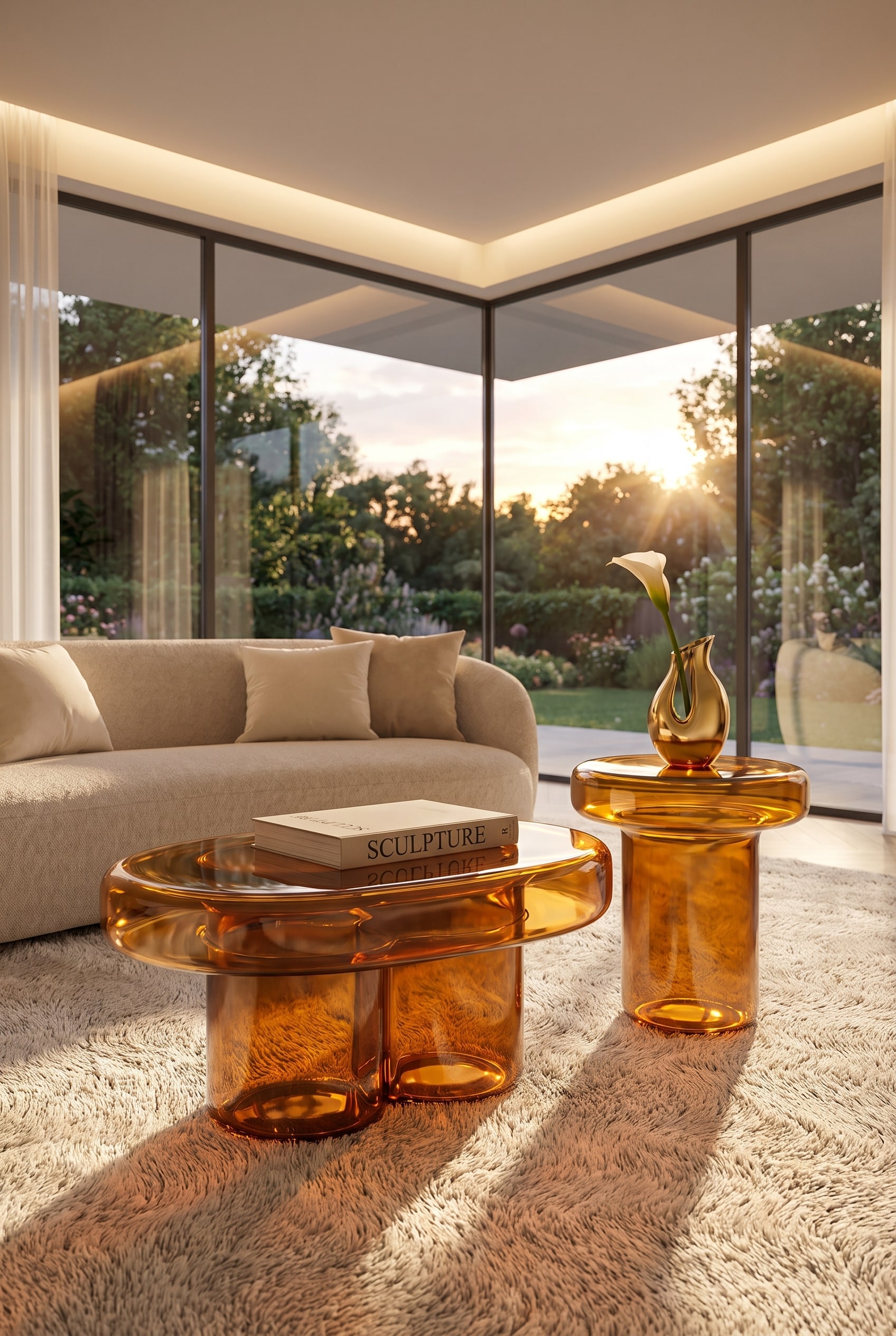 Light-filled living room with an oval, translucent amber glass coffee table on a high-pile rug next to a soft fabric sofa