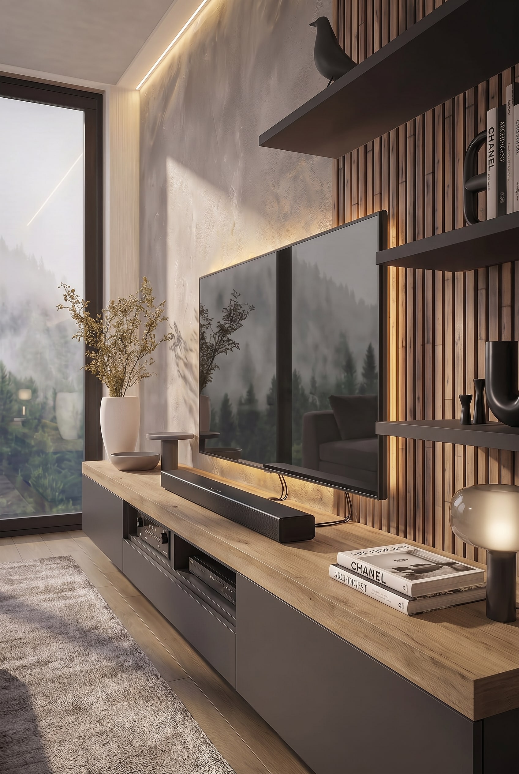 Living room with Livitalia Lowboard C101, decorated with art books and a designer lamp