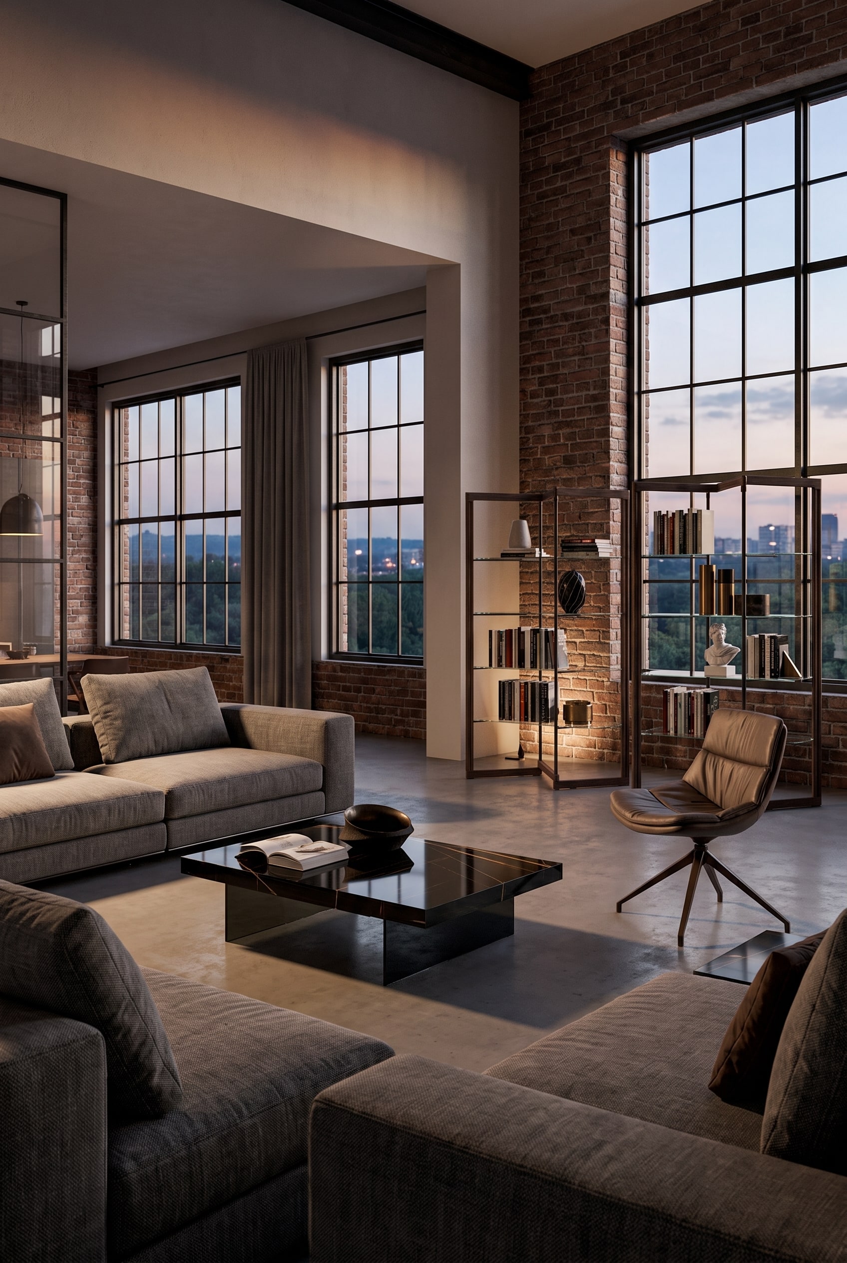 Massiver Ozzio Couchtisch Bellagio mit robuster Keramikoberfläche in Marmoroptik in einem offenen, modernen Loft. Massiver Ozzio Couchtisch Bellagio mit robuster Keramikoberfläche in Marmoroptik in einem offenen, modernen Loft.