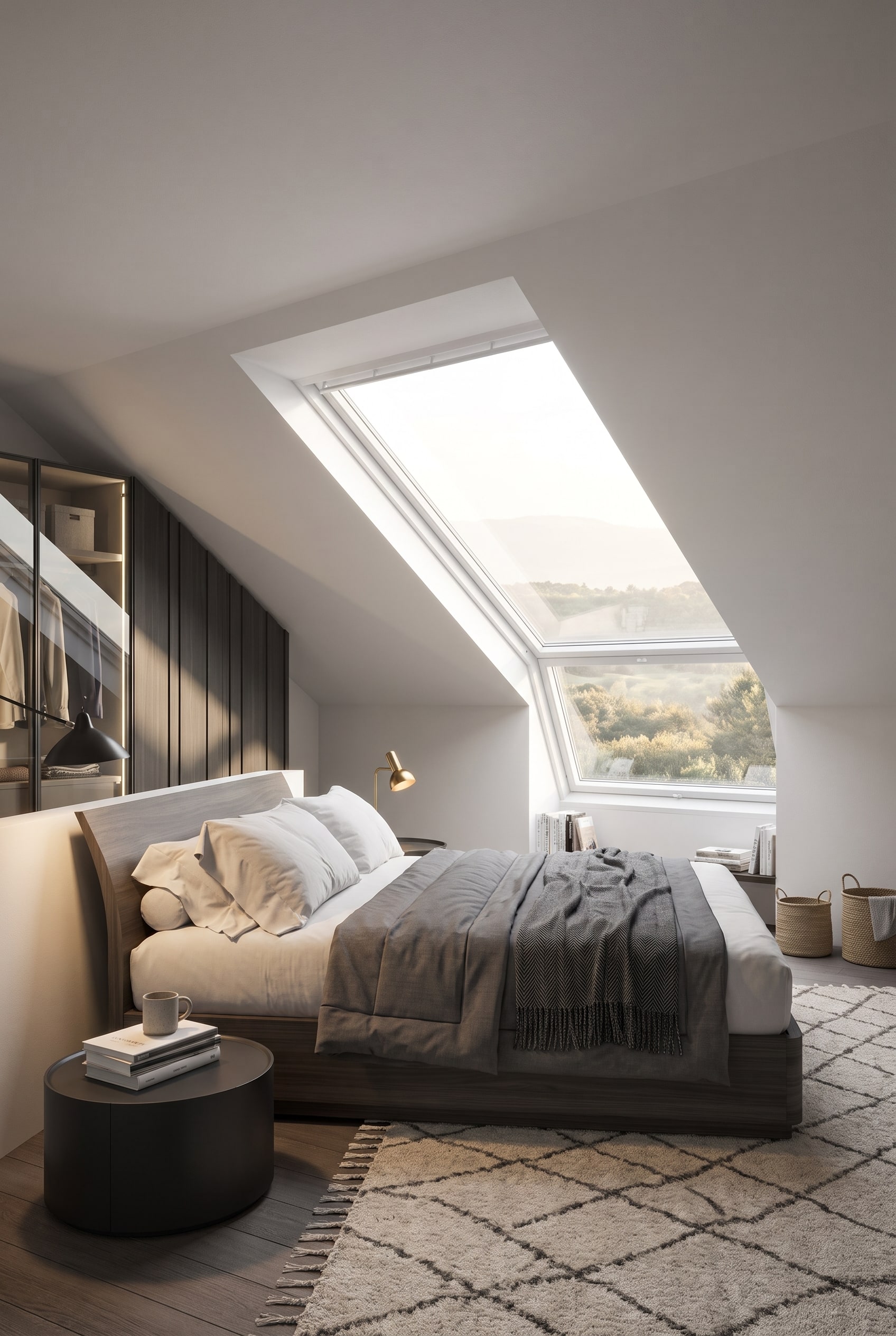 Bedroom under the sloped ceiling with a flat wooden double bed and subtle headboard
