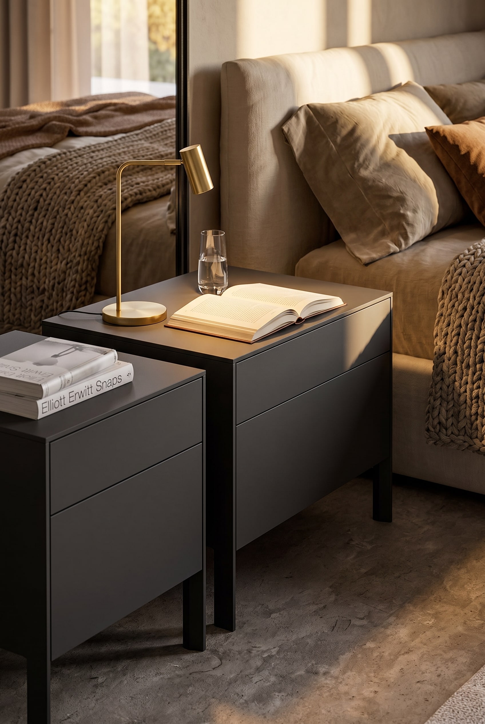 Detailed shot of a luxurious nightstand with a structured top plate, a reading lamp and a book on it, in warm light