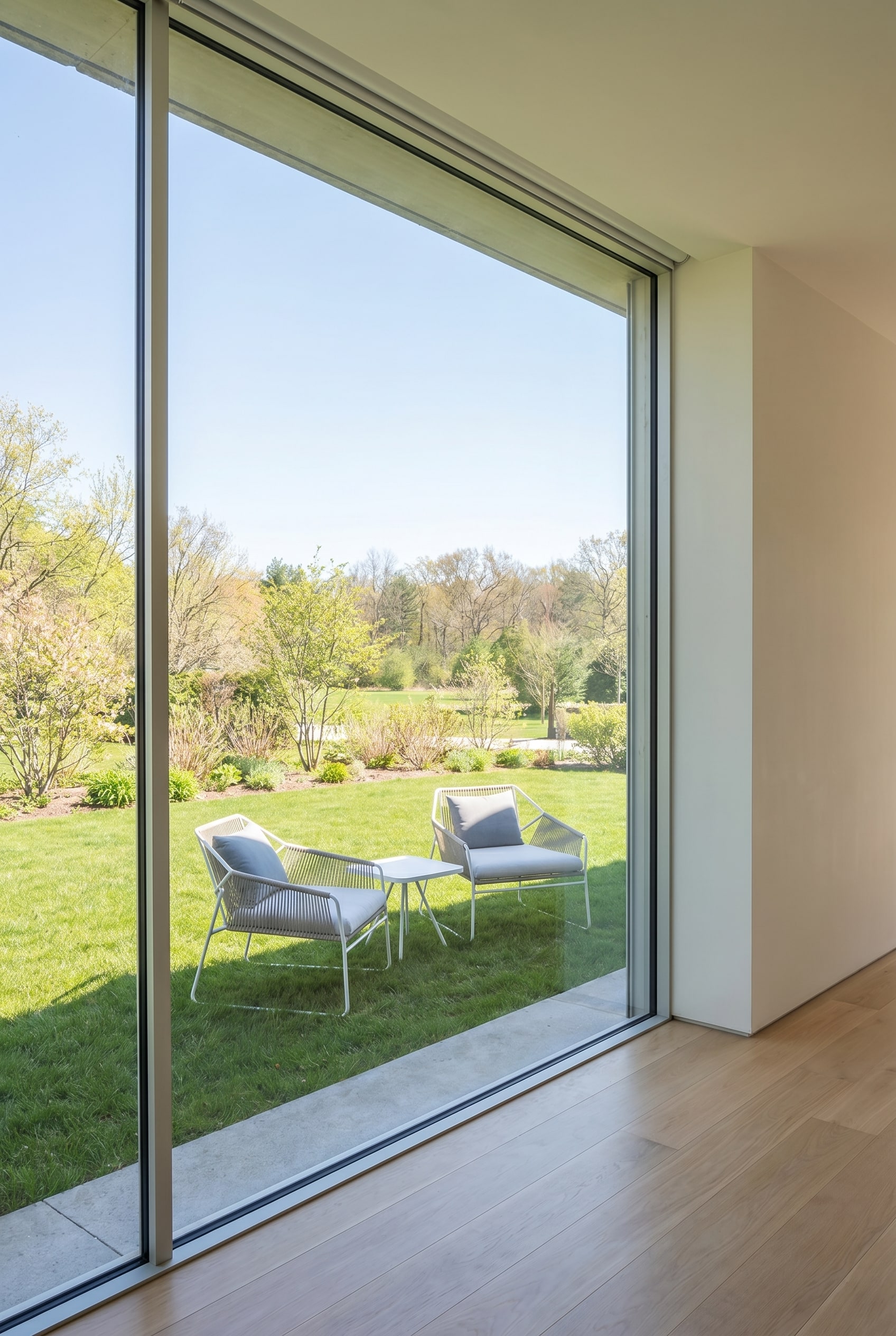 Ein sonnendurchfluteter Gartensitzplatz im Fr&uuml;hling, zentrierte Perspektive auf das Design-Setting