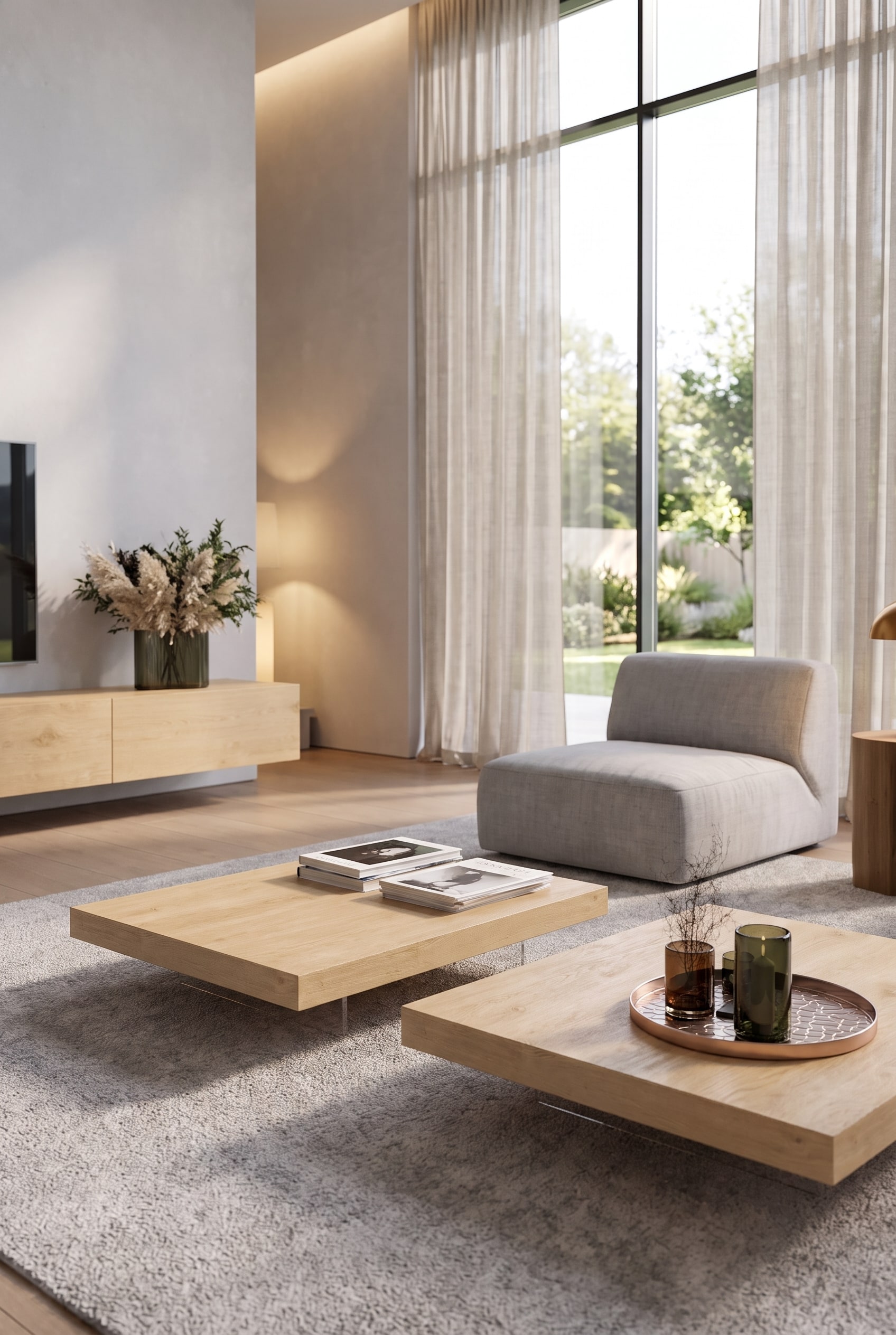 Living room with an extremely low coffee table made of solid oak and a low lounge chair