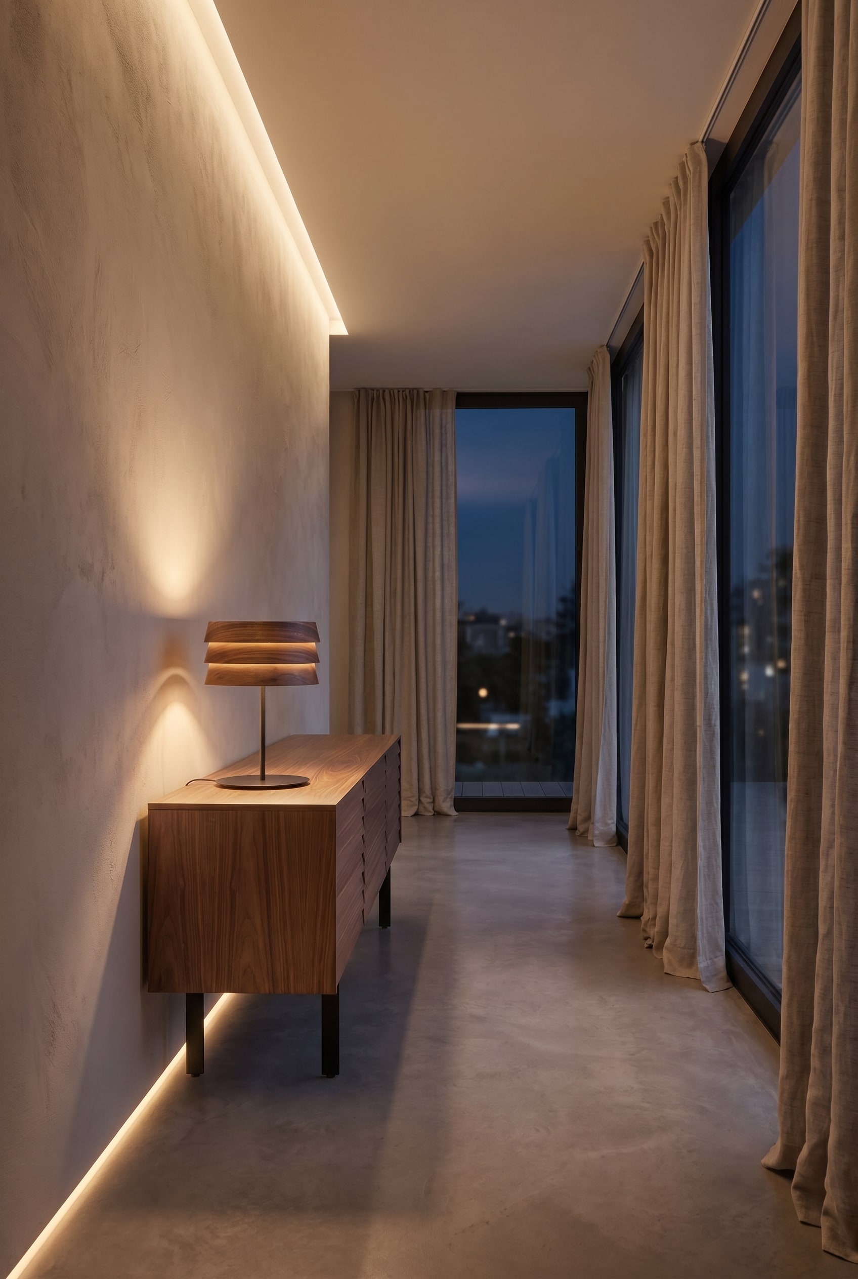 Modernes Wohnzimmer mit schmalem Grundriss, Nussbaum-Sideboard und h&ouml;lzerner Tischleuchte im Schicht-Design bei sanftem Abendlicht