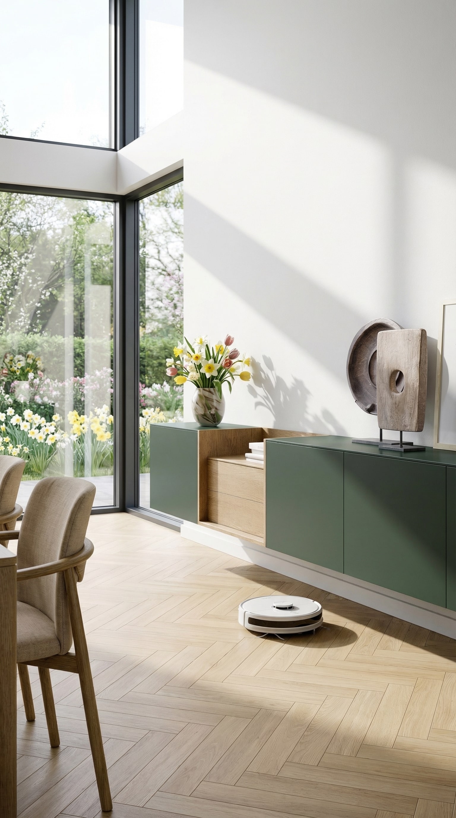 Minimalistisches, an der Wand montiertes Sideboard im hellen, luftigen Wohnzimmer.