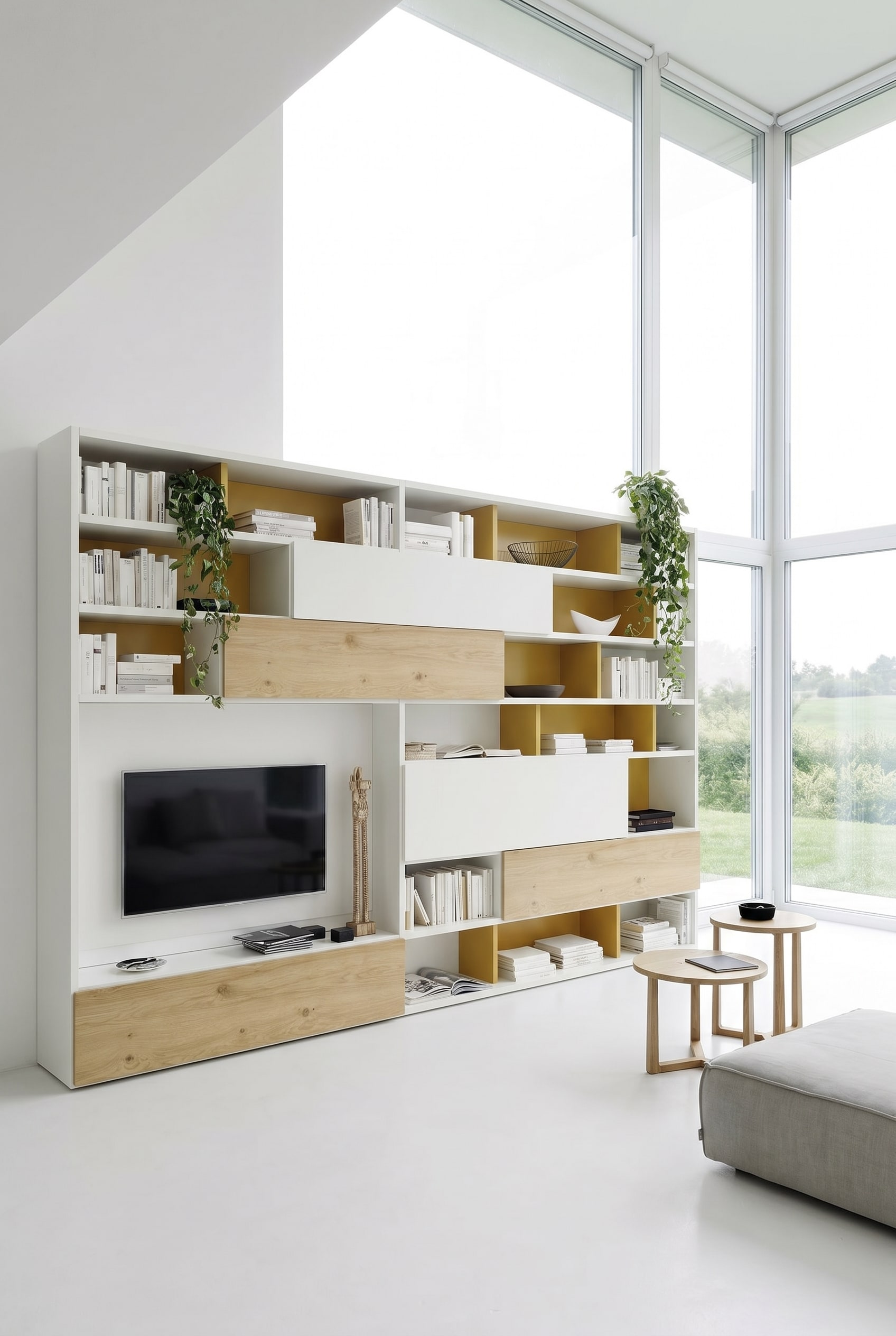 Living room with C51 bookshelf in light oak and white, decorated with art books and a minimalist sculpture