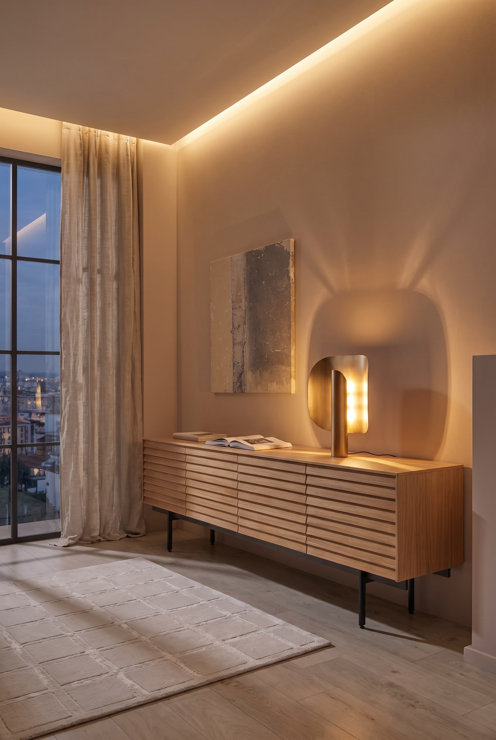 Wohnzimmer mit bodentiefen Fenstern, hellem Lamellen-Sideboard aus Eiche und darüber abstraktem Wandbild