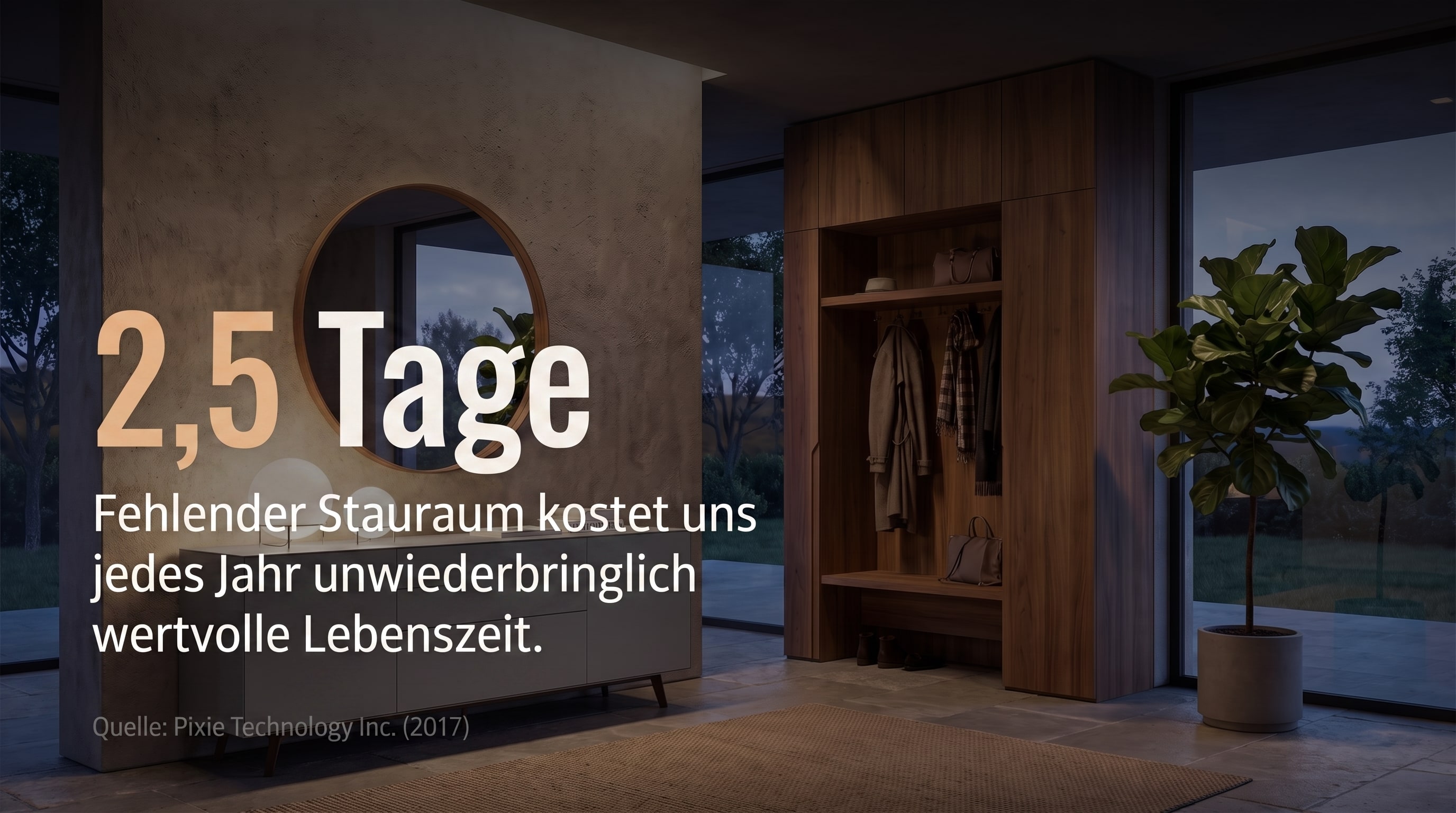 2,5 Tage – Fehlender Stauraum kostet uns jedes Jahr unwiederbringlich wertvolle Lebenszeit.