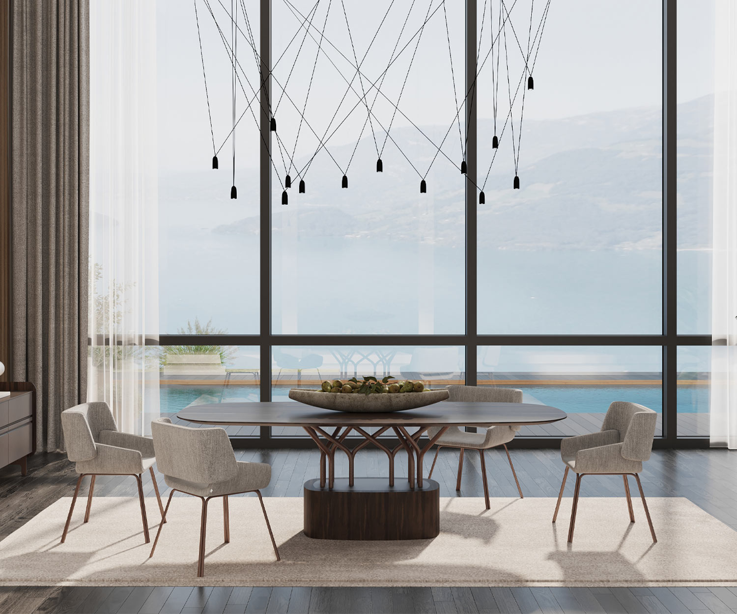 Exklusiver Design Esstisch al2 wood oo Ansicht Esszimmer mit Nussbaum Furnier veredelt