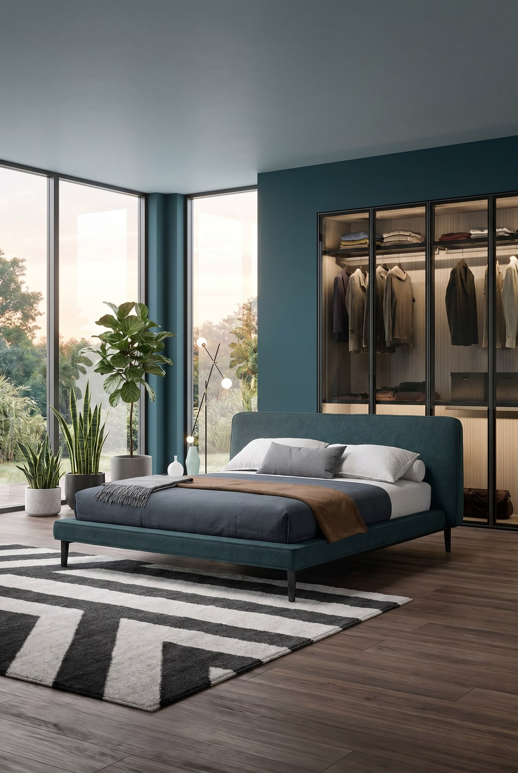 Modern bedroom with a petrol blue upholstered bed on a patterned rug in front of a light wall with a black floor lamp