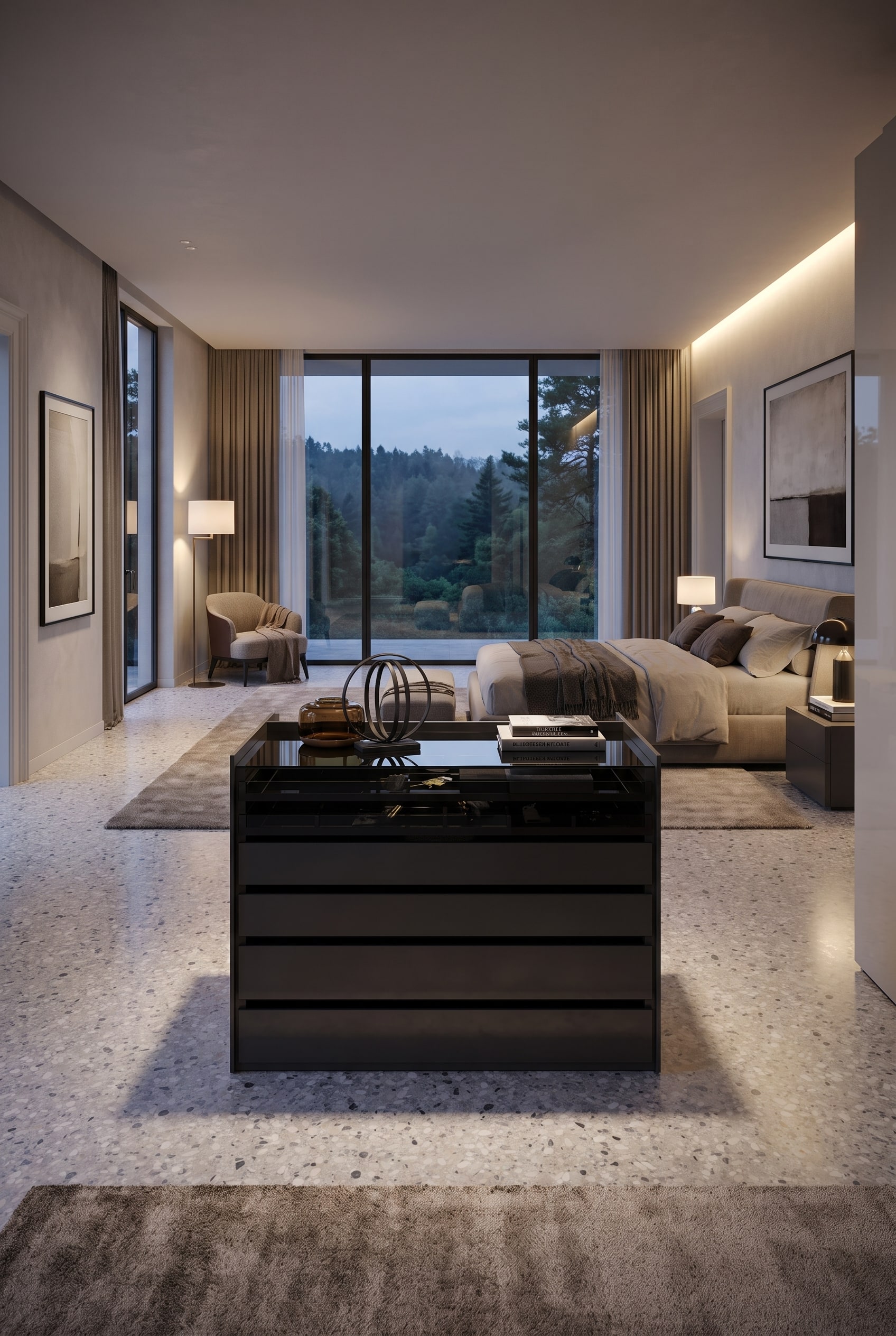 Freestanding Novamobili Aristotele Wardrobe Island with glass top in the middle of a large, luxurious bedroom