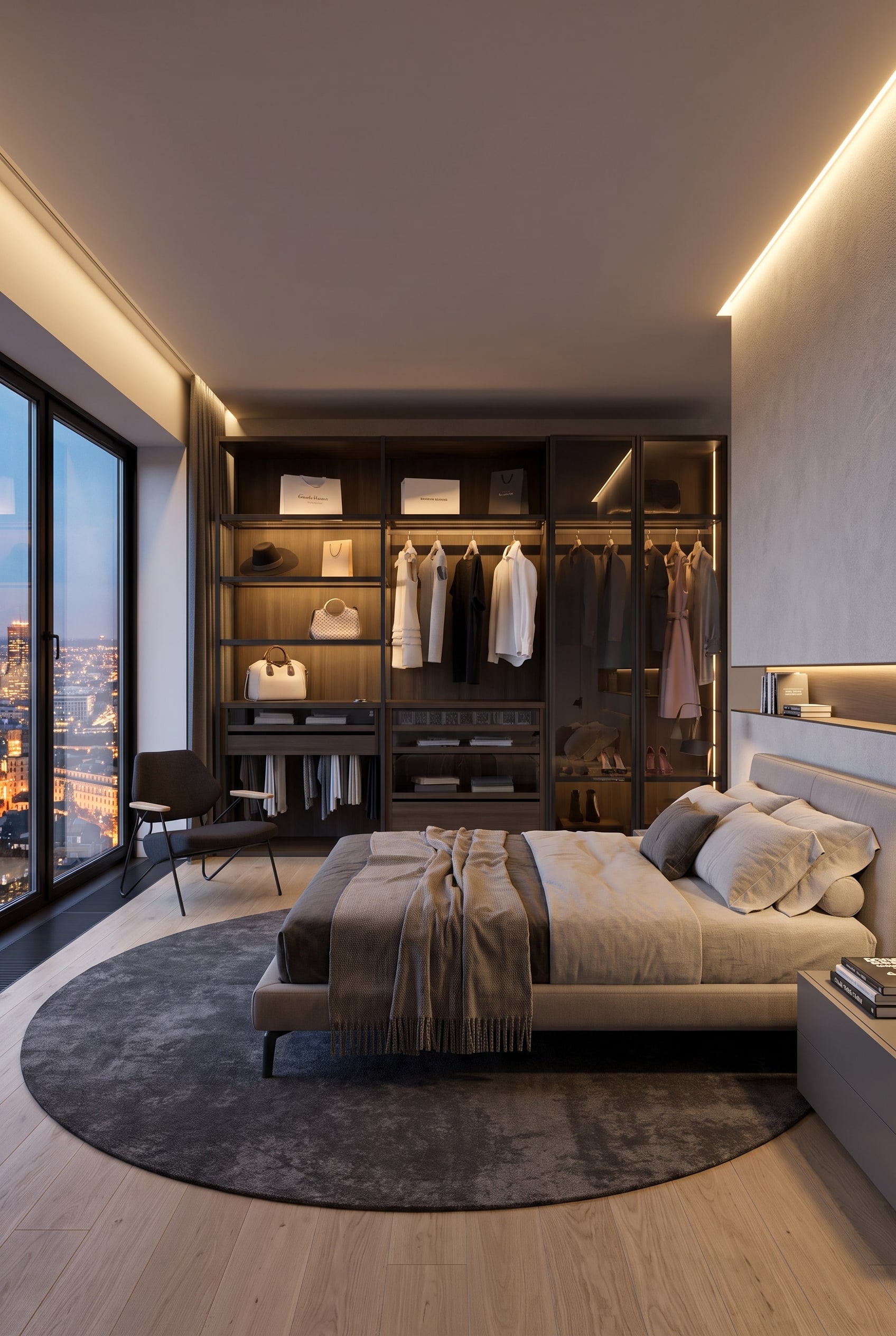 Modern bedroom with a round rug and an open, dark brown Livitalia Bellavista wardrobe system in the background.