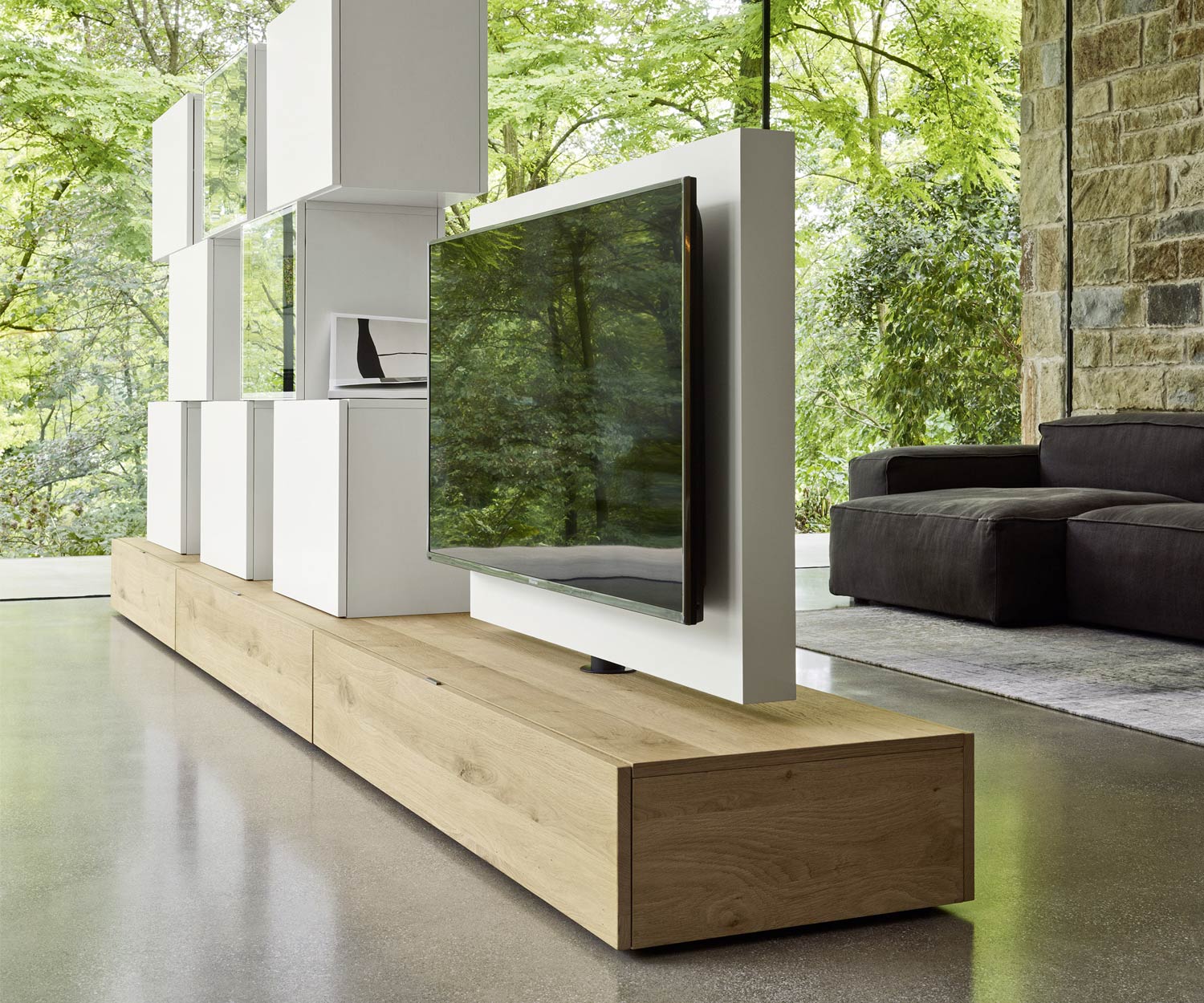 Exclusive Livitalia Design wall unit C46 with swivelling TV panel in matt white