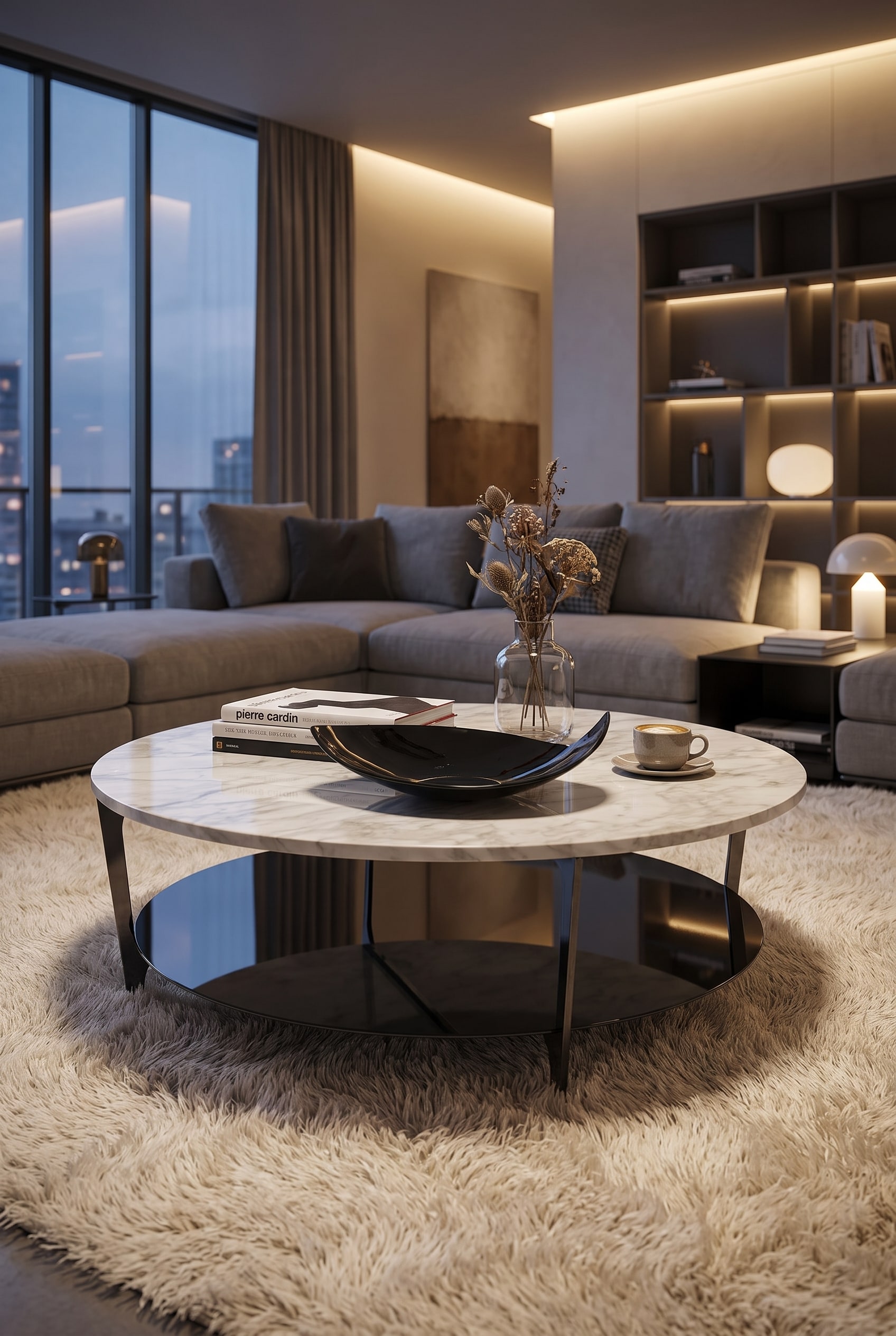 Living room in Italian luxury style with a filigree coffee table featuring a thin, elegant dark brown marble-look tabletop on a delicate frame.