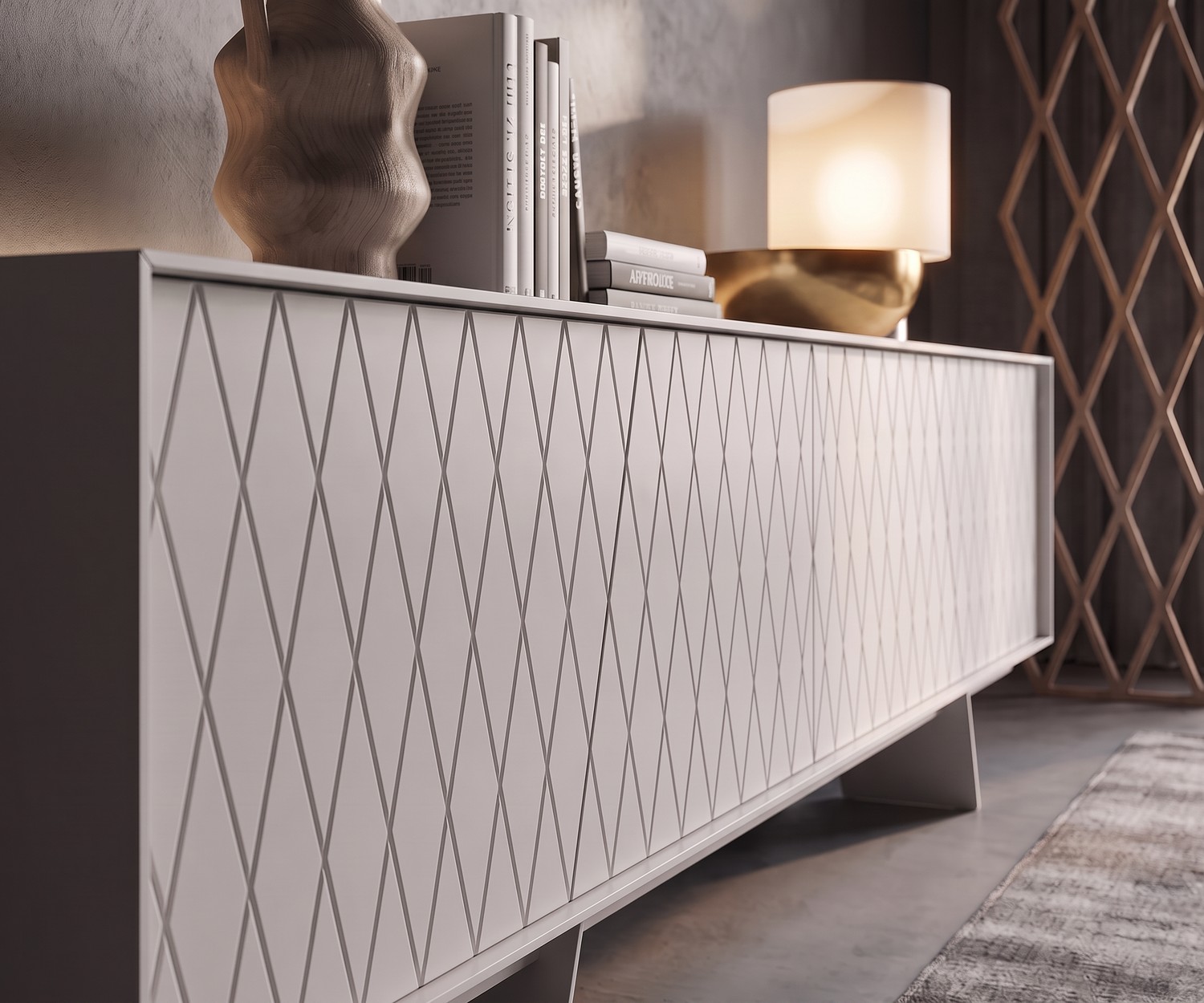 Modernes al2 e-klipse 003 Design Sideboard in Weiß al2 e-klipse 003 Sideboard mit Rautenmuster im modernen Wohnzimmer, weißes Design-Sideboard vor grauer Wand.