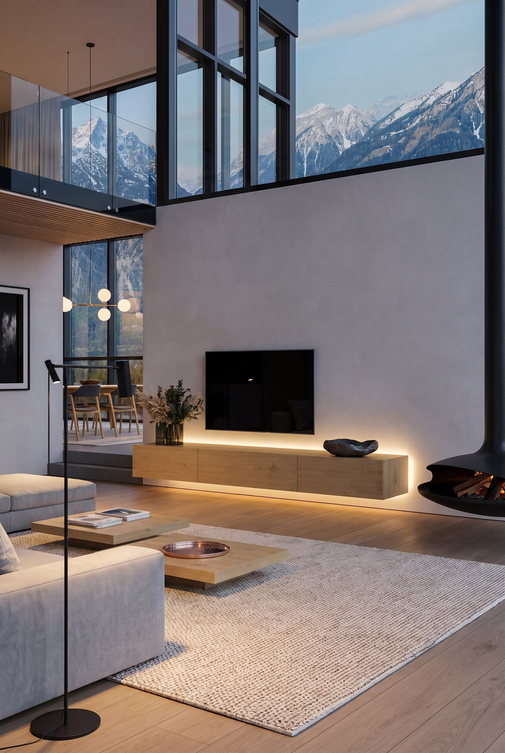 Living room with a floating oak lowboard, dark natural stone bowl, and indirect lighting