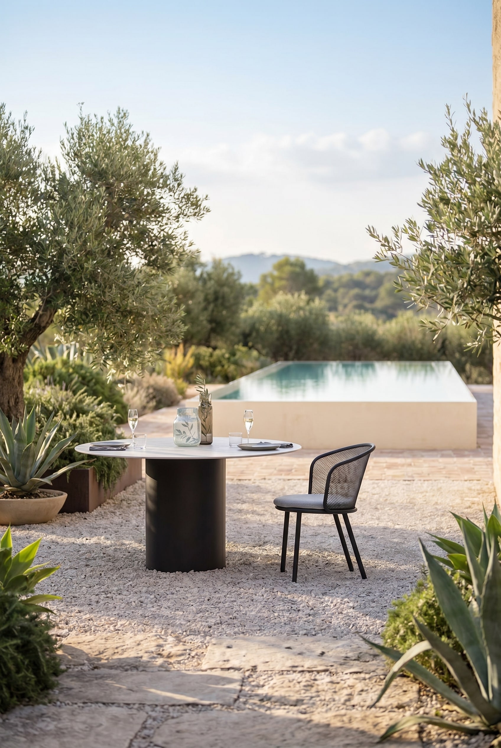 Bright gravel terrace with a round outdoor table and modern garden chairs with curved expanded metal backrests in black
