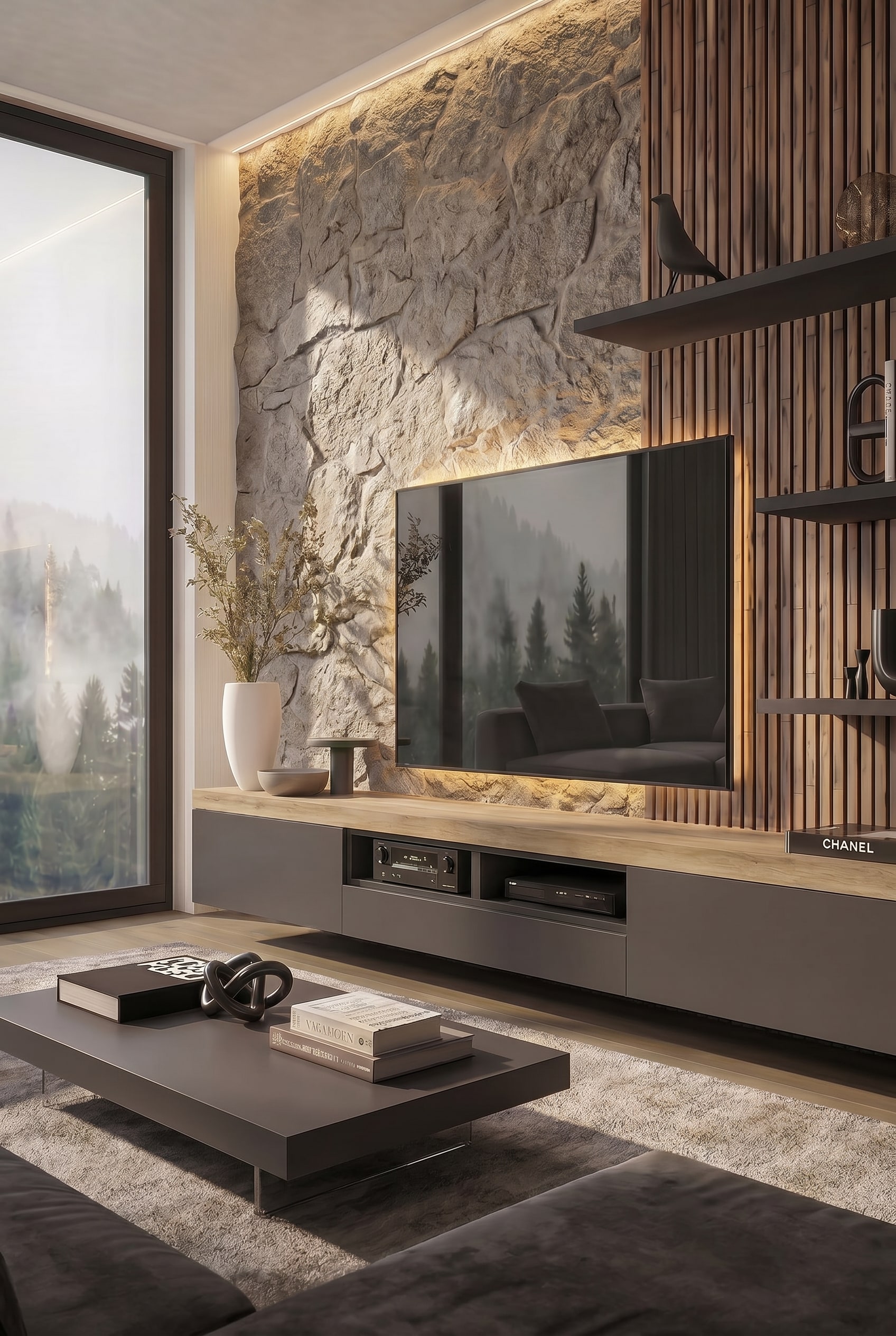 Living room with grey lowboard, wooden slats, and concrete-like structured wall behind the TV