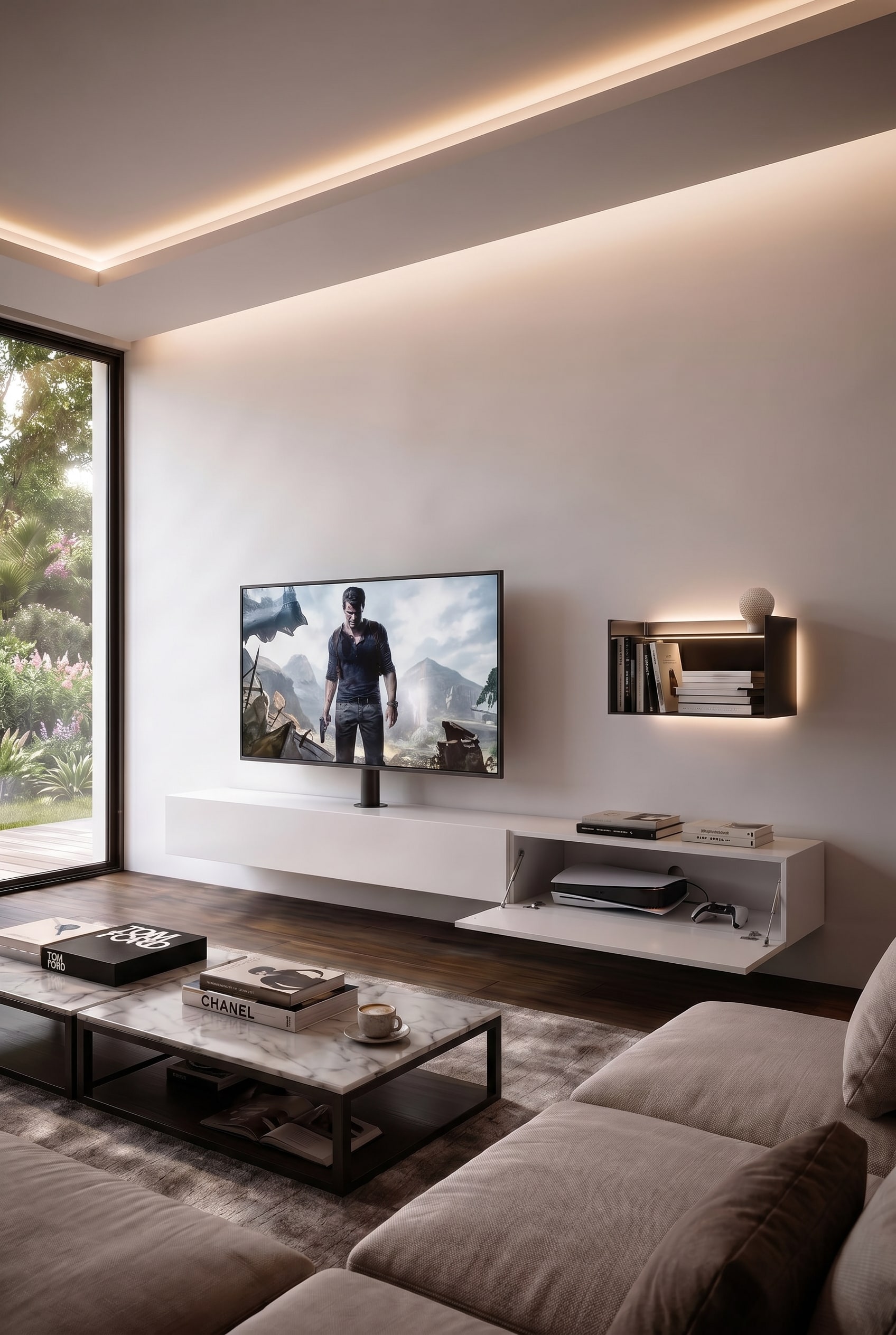Minimalistisches Wohnzimmer mit mattweißem Lowboard, Fernseher und modernem Couchtisch