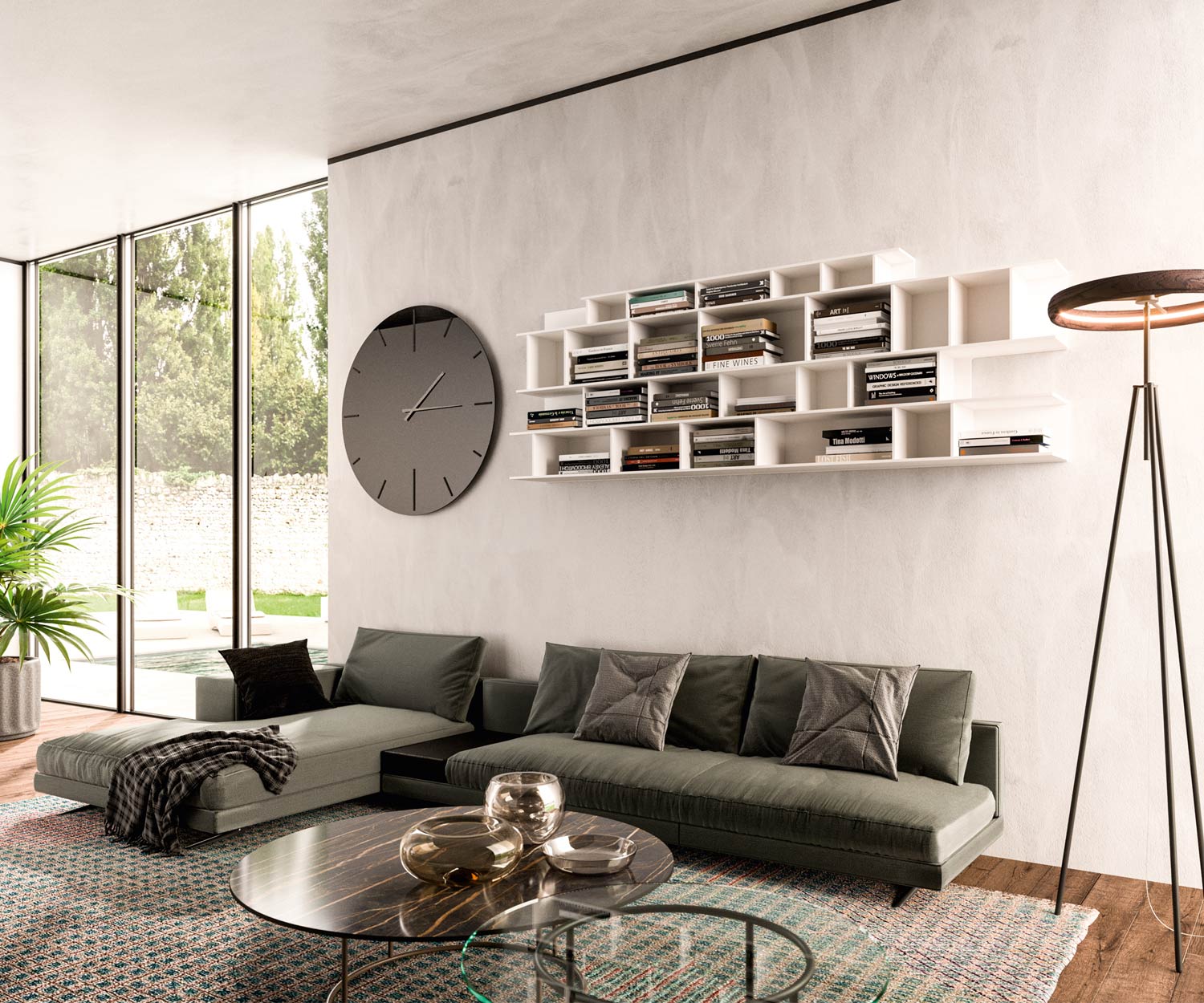 Ozzio Byblos X026 schmales Design Wand regal mit vielen kleinen einlegeboeden verschachtelt